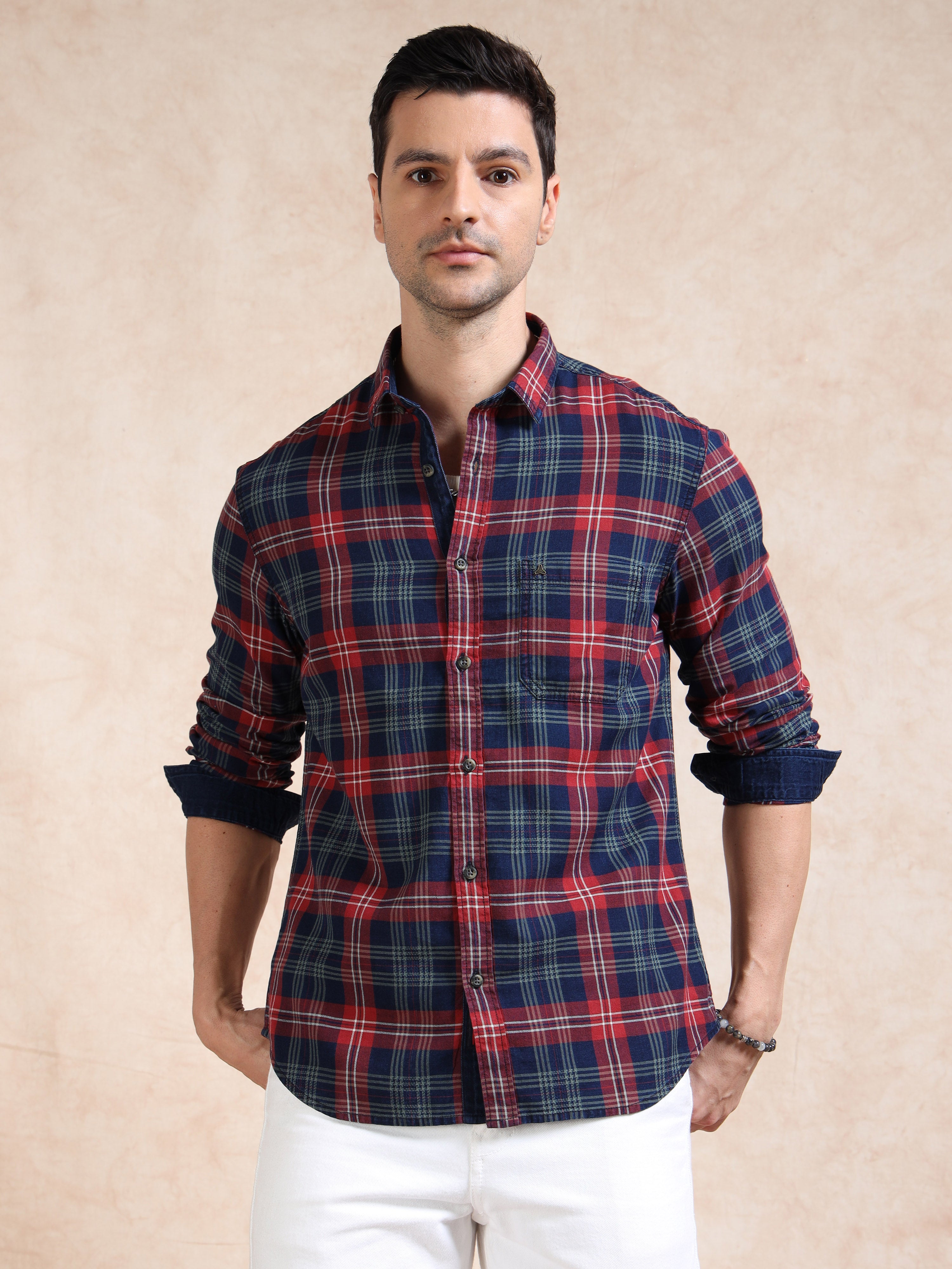 MEN'S RED INDIGO CHECKS SLIM FIT SHIRT