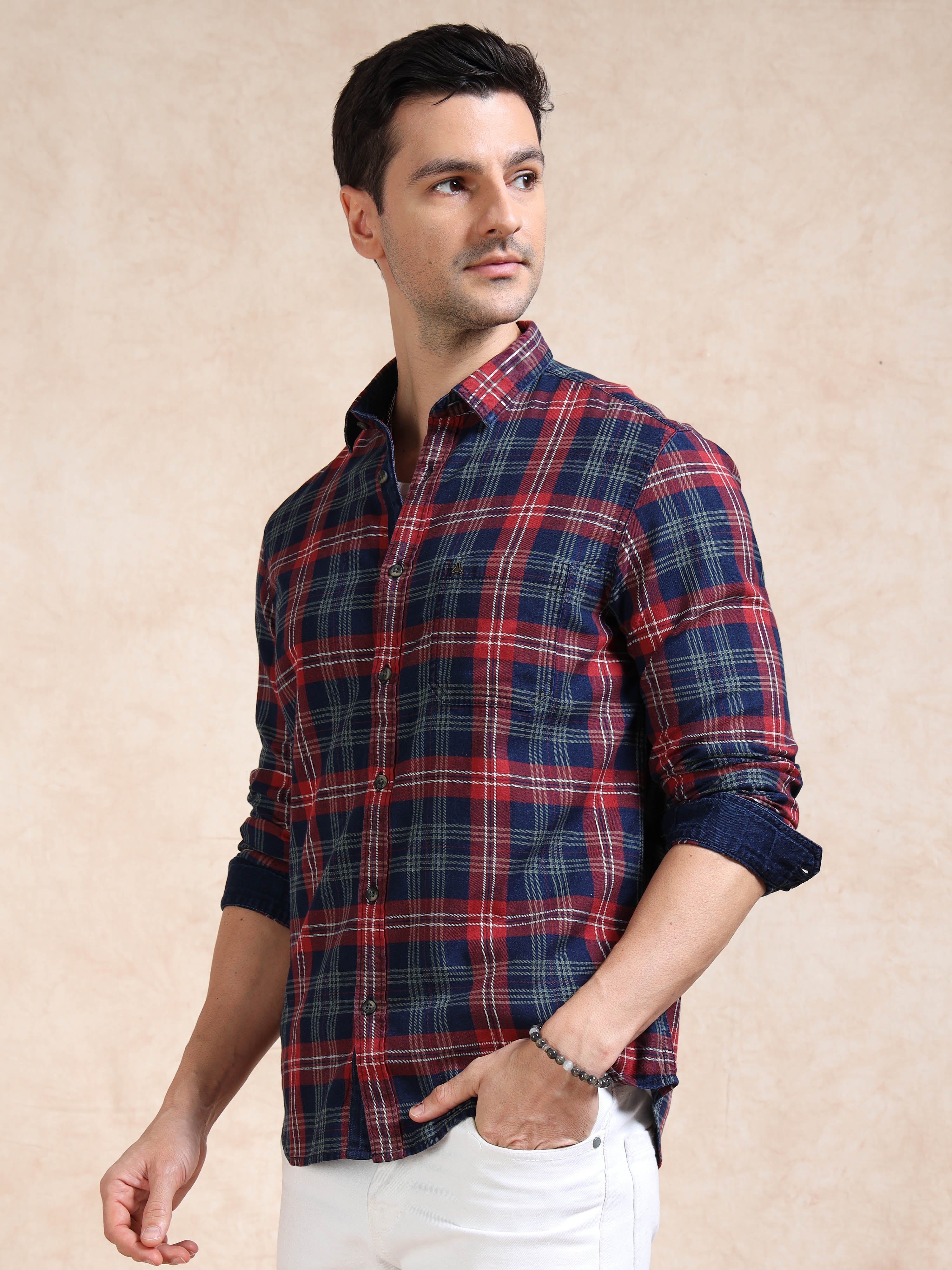 MEN'S RED INDIGO CHECKS SLIM FIT SHIRT