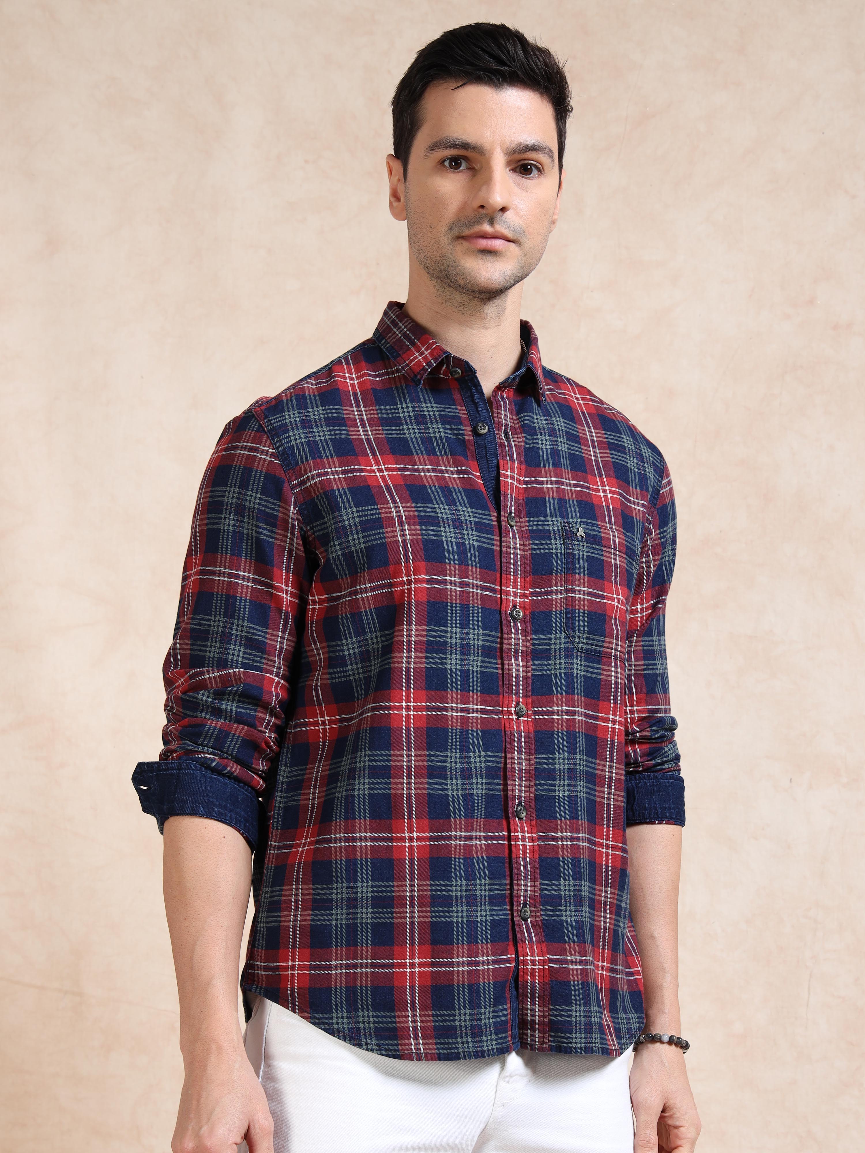 MEN'S RED INDIGO CHECKS SLIM FIT SHIRT