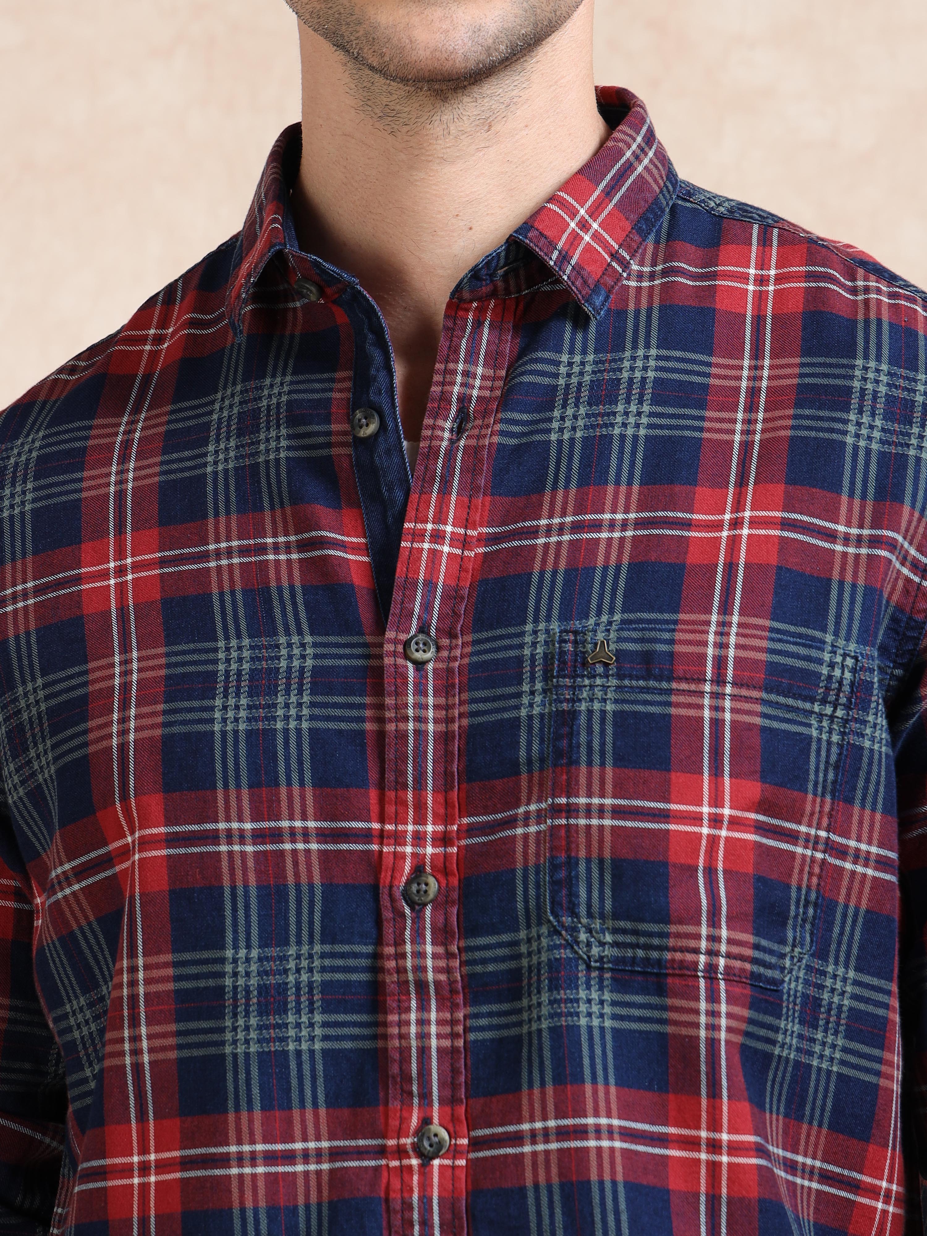 MEN'S RED INDIGO CHECKS SLIM FIT SHIRT