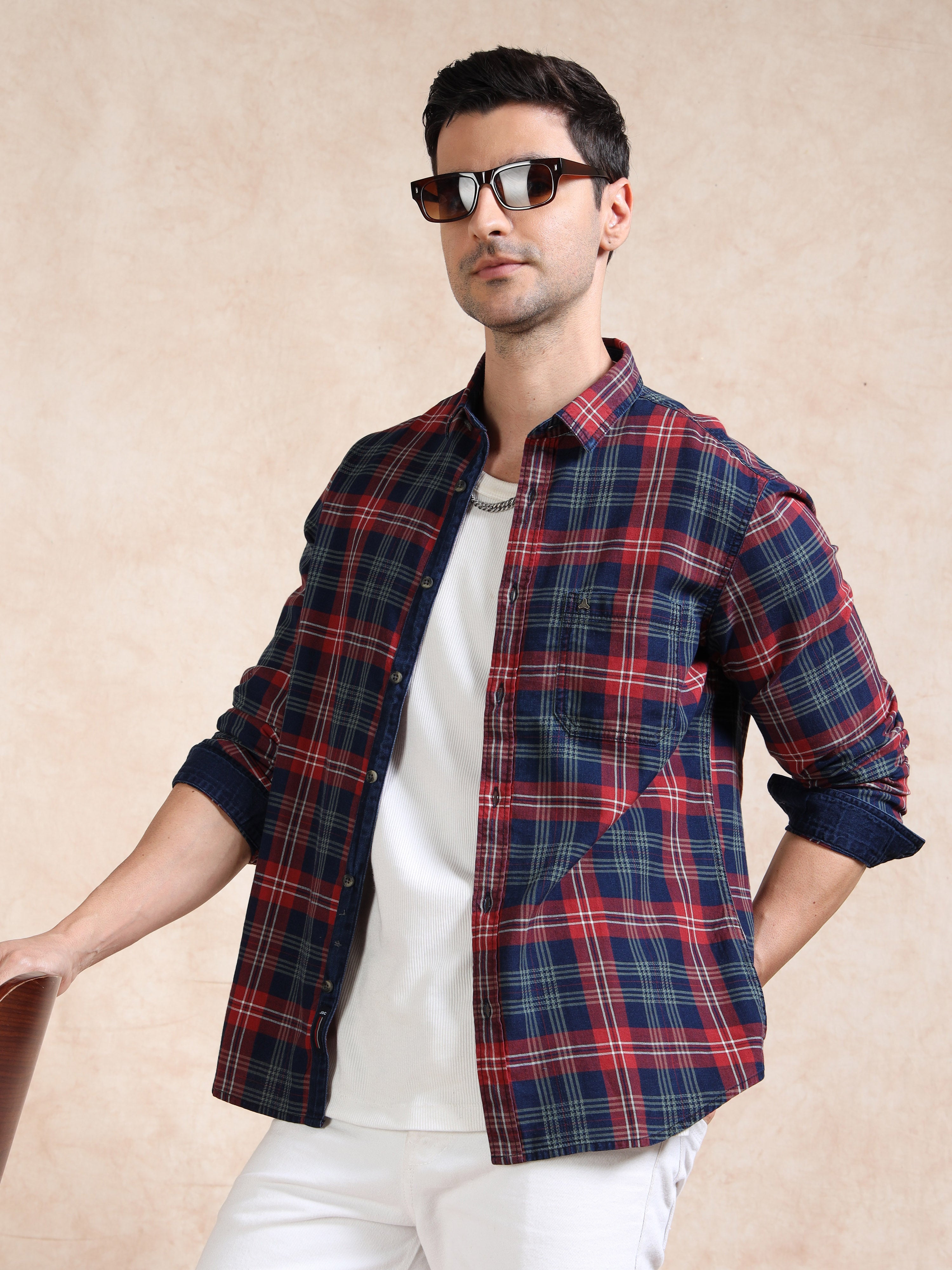 MEN'S RED INDIGO CHECKS SLIM FIT SHIRT
