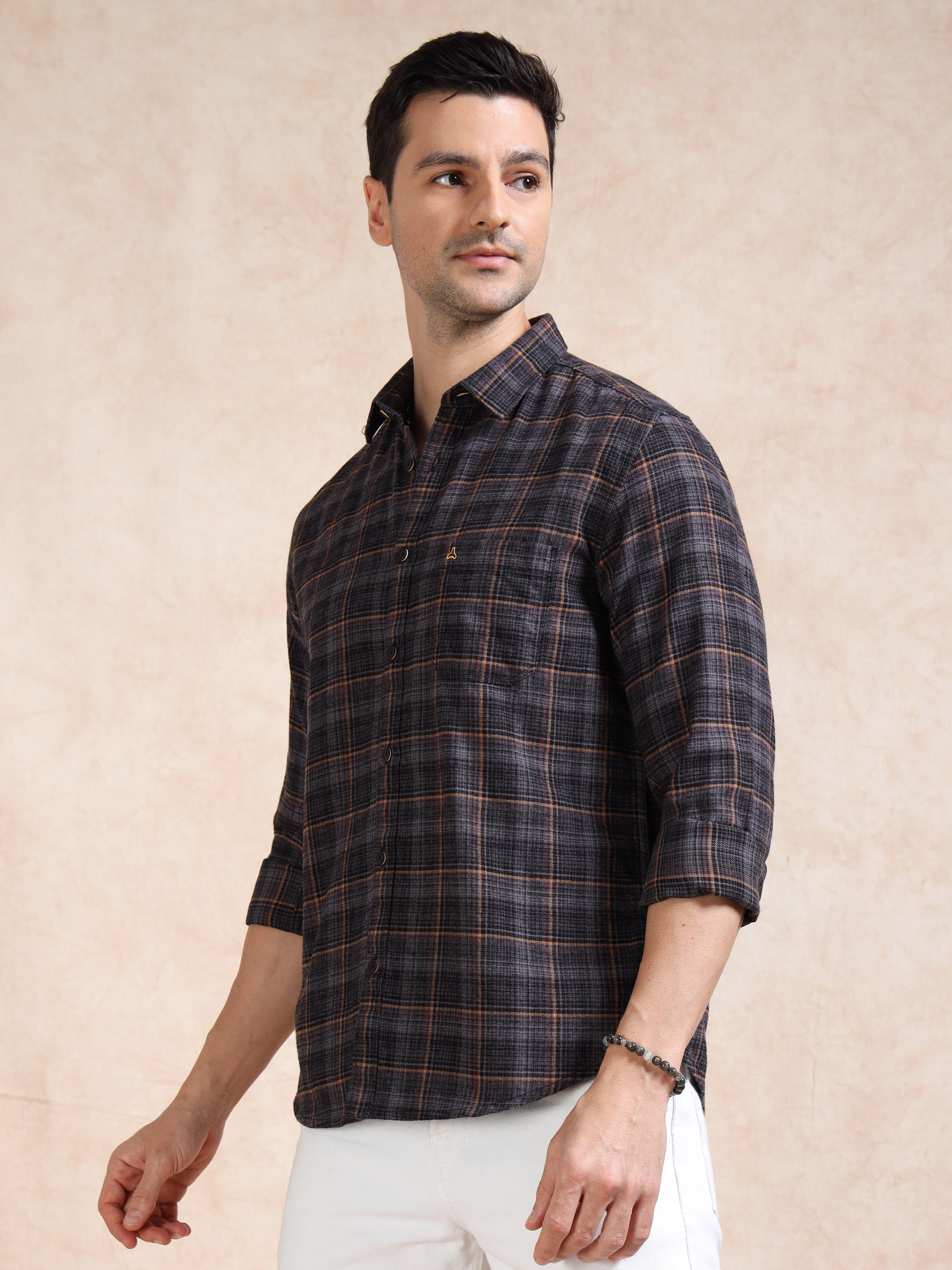 MEN'S BLACK BRUSHING CHECKS SLIM FIT SHIRT