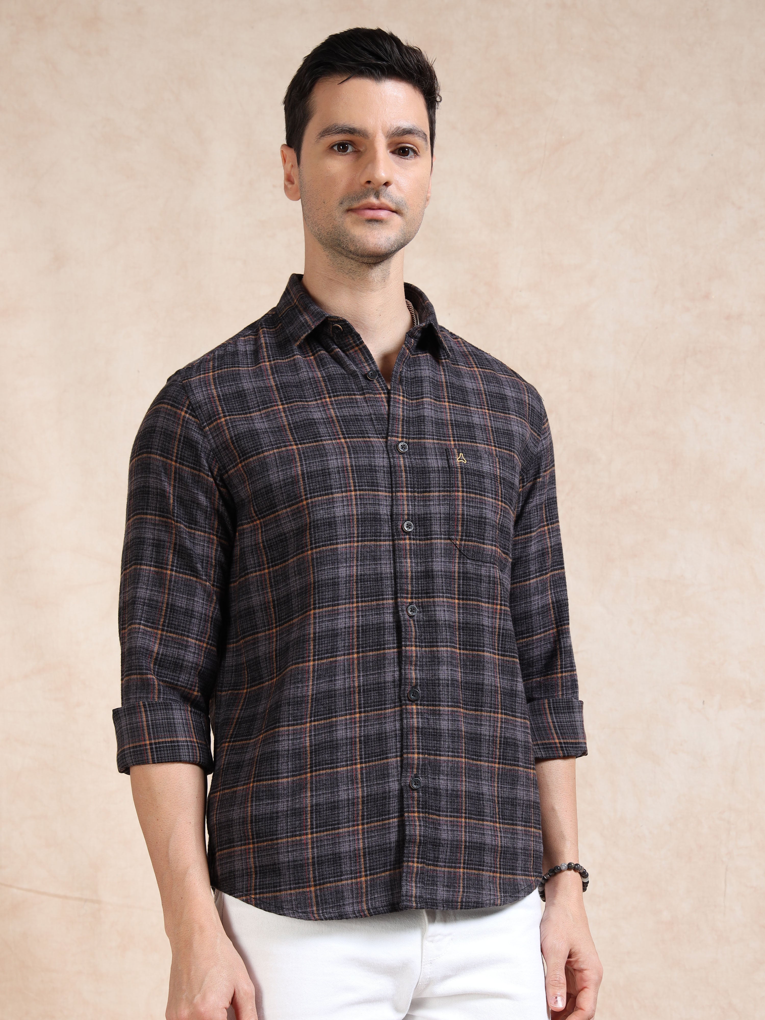 MEN'S BLACK BRUSHING CHECKS SLIM FIT SHIRT