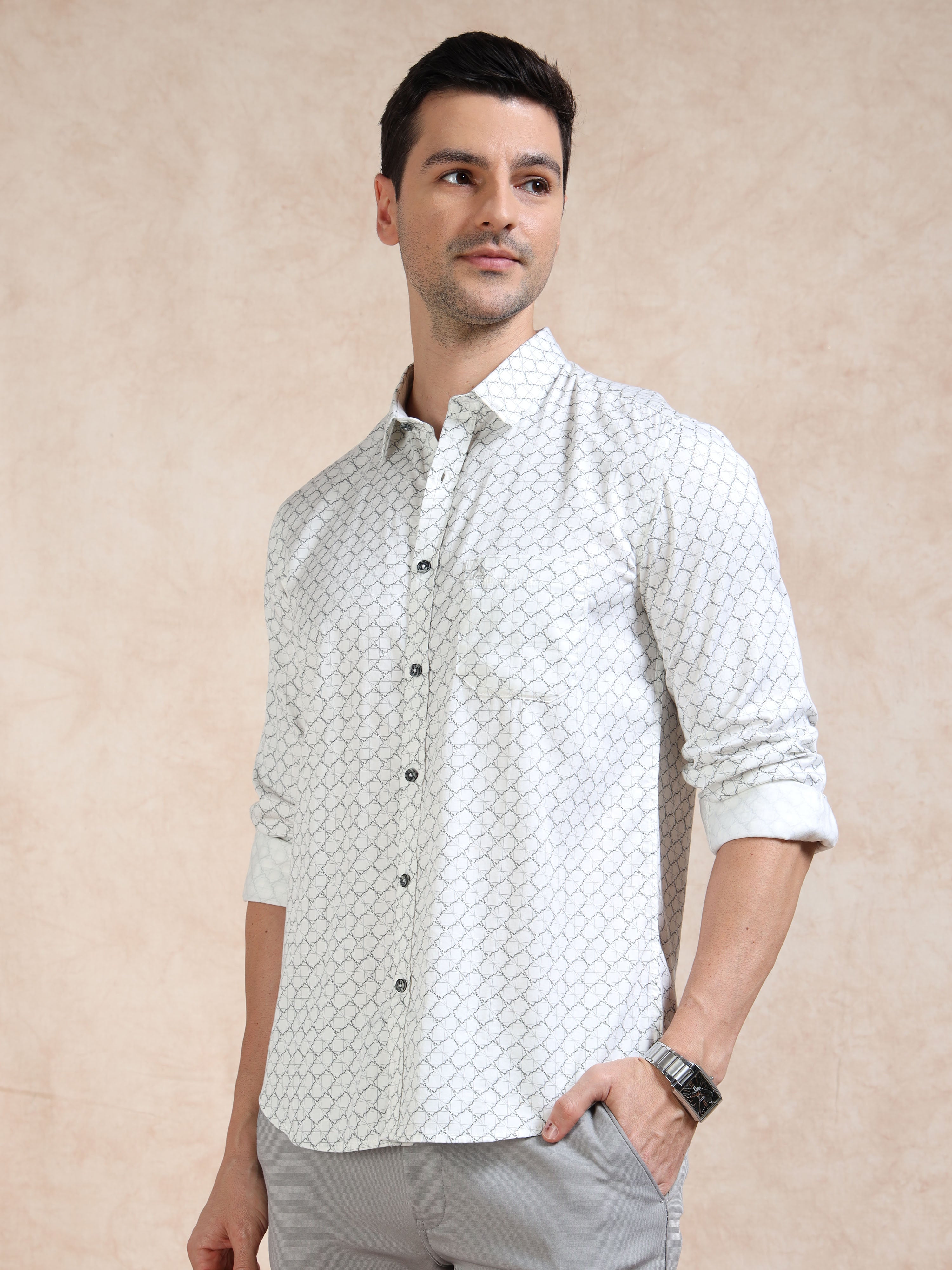 MEN'S OFF WHITE PRINT SLIM FIT SHIRT