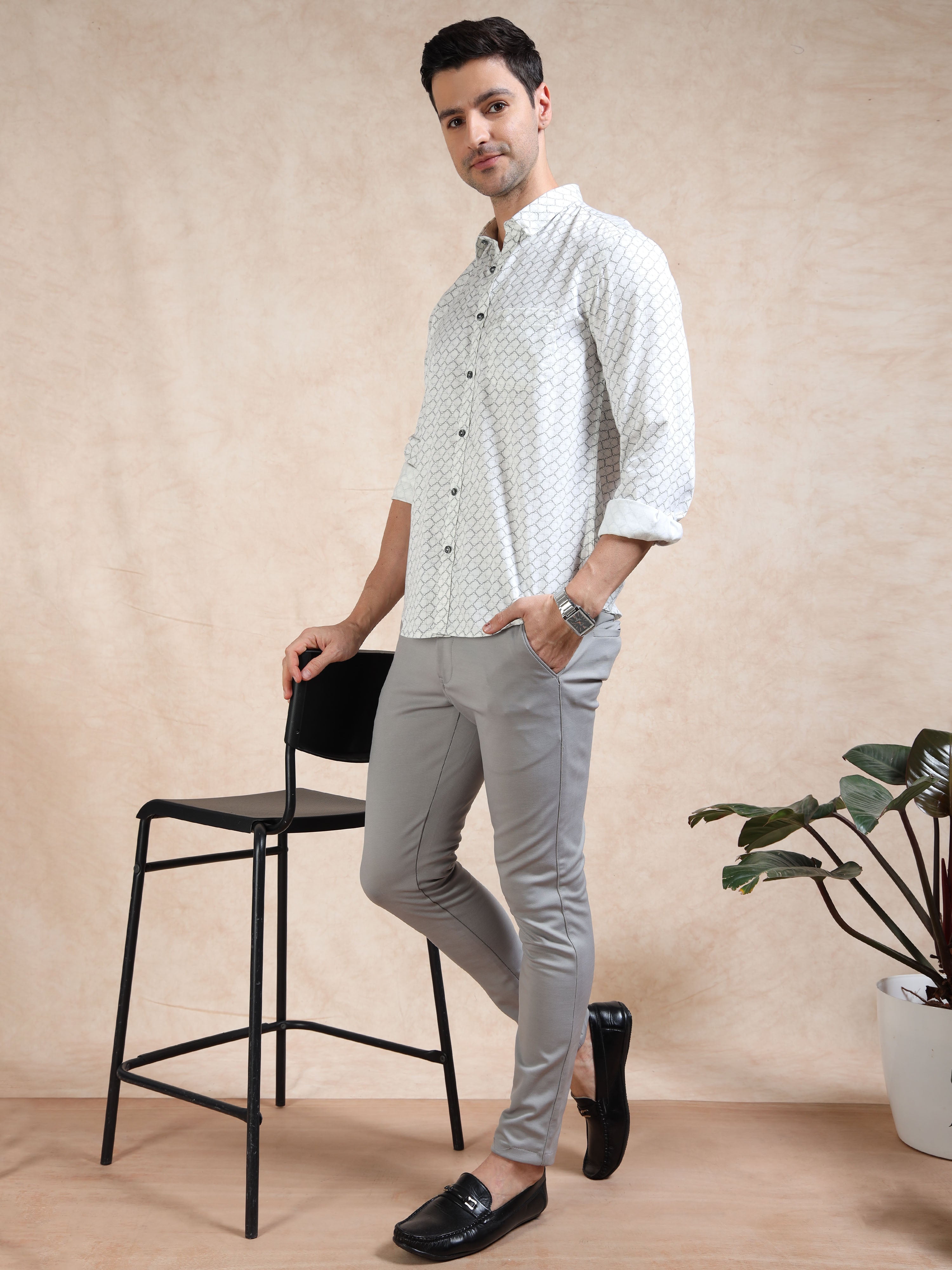 MEN'S OFF WHITE PRINT SLIM FIT SHIRT