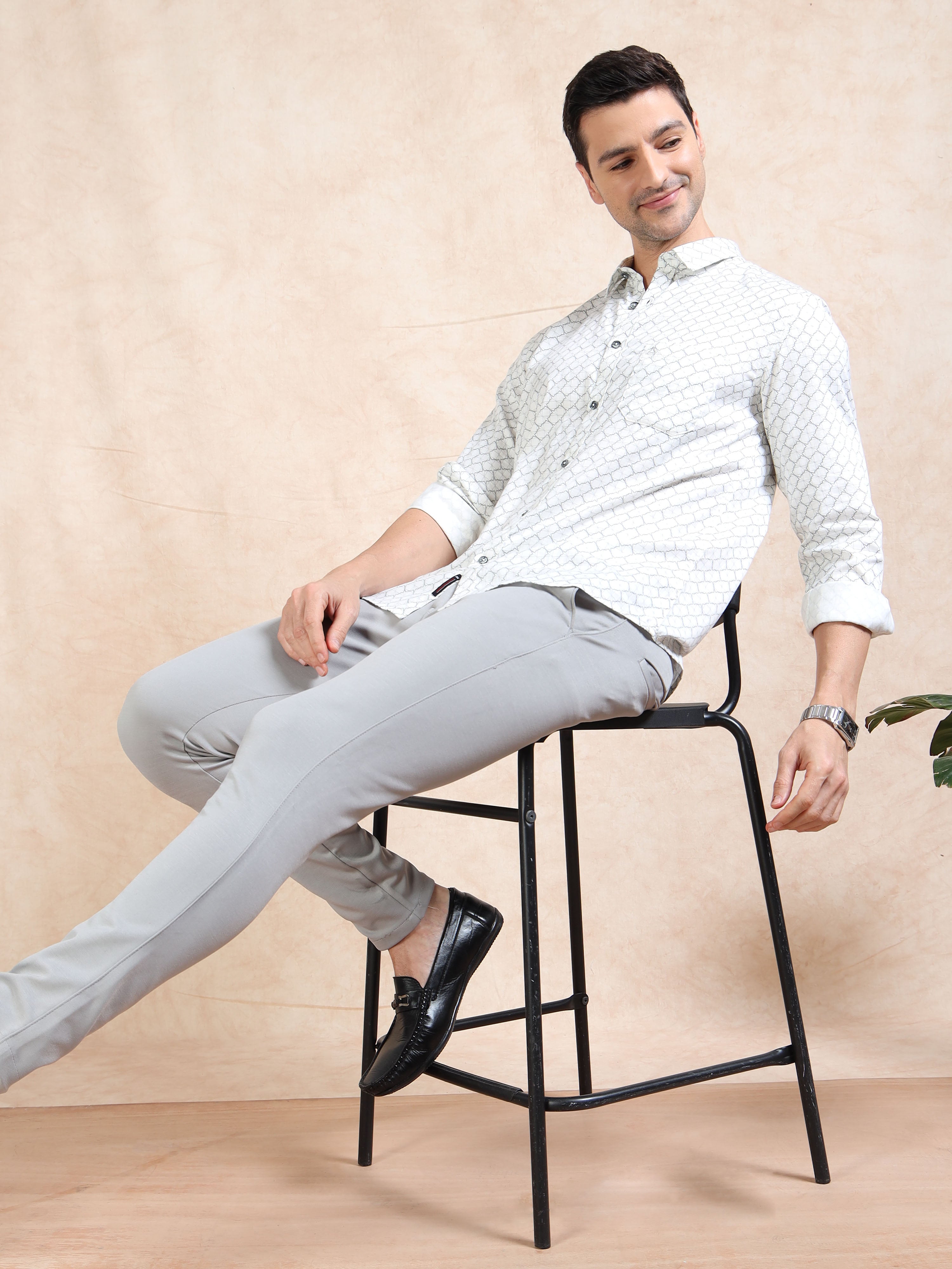 MEN'S OFF WHITE PRINT SLIM FIT SHIRT