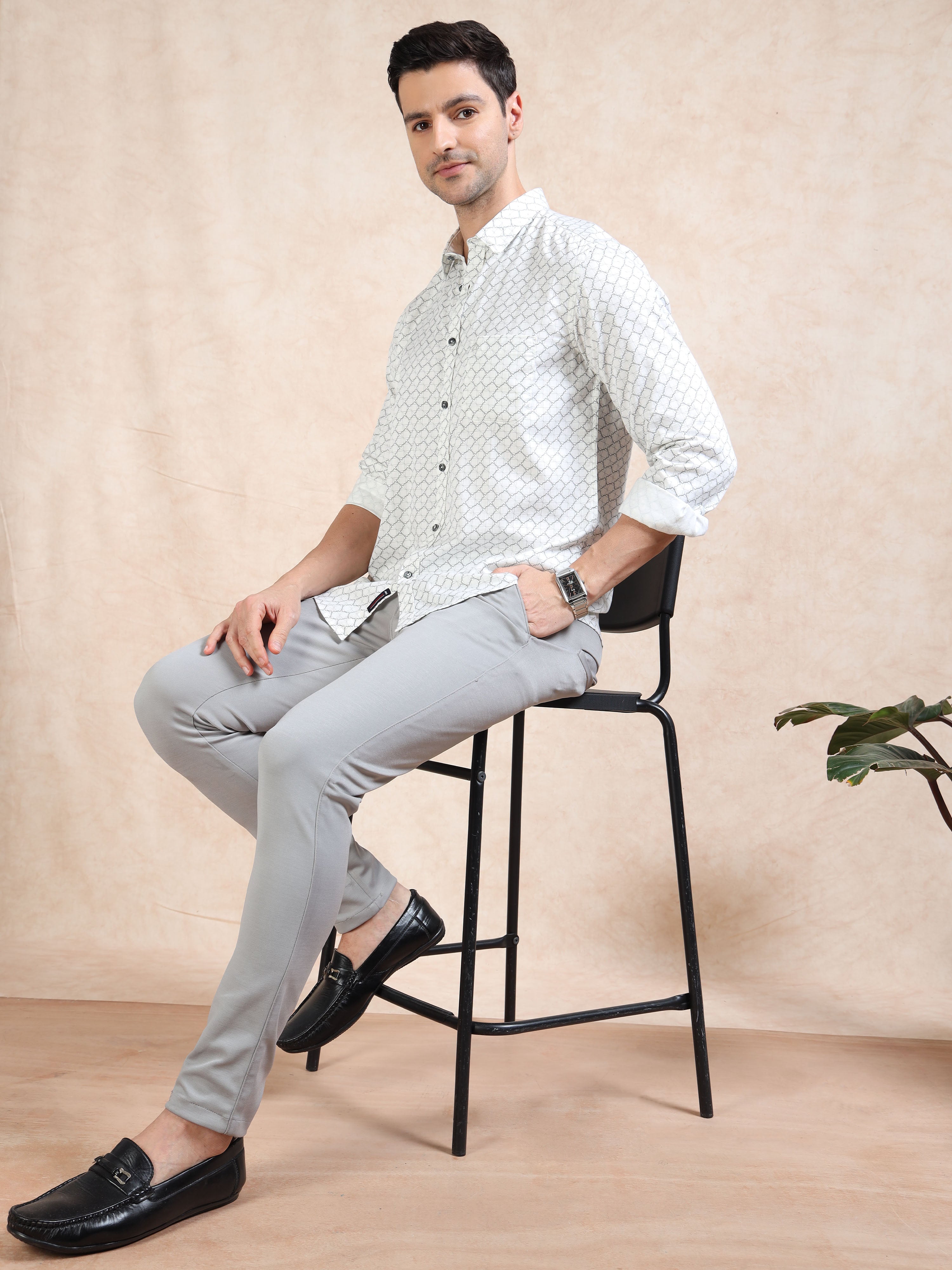 MEN'S OFF WHITE PRINT SLIM FIT SHIRT