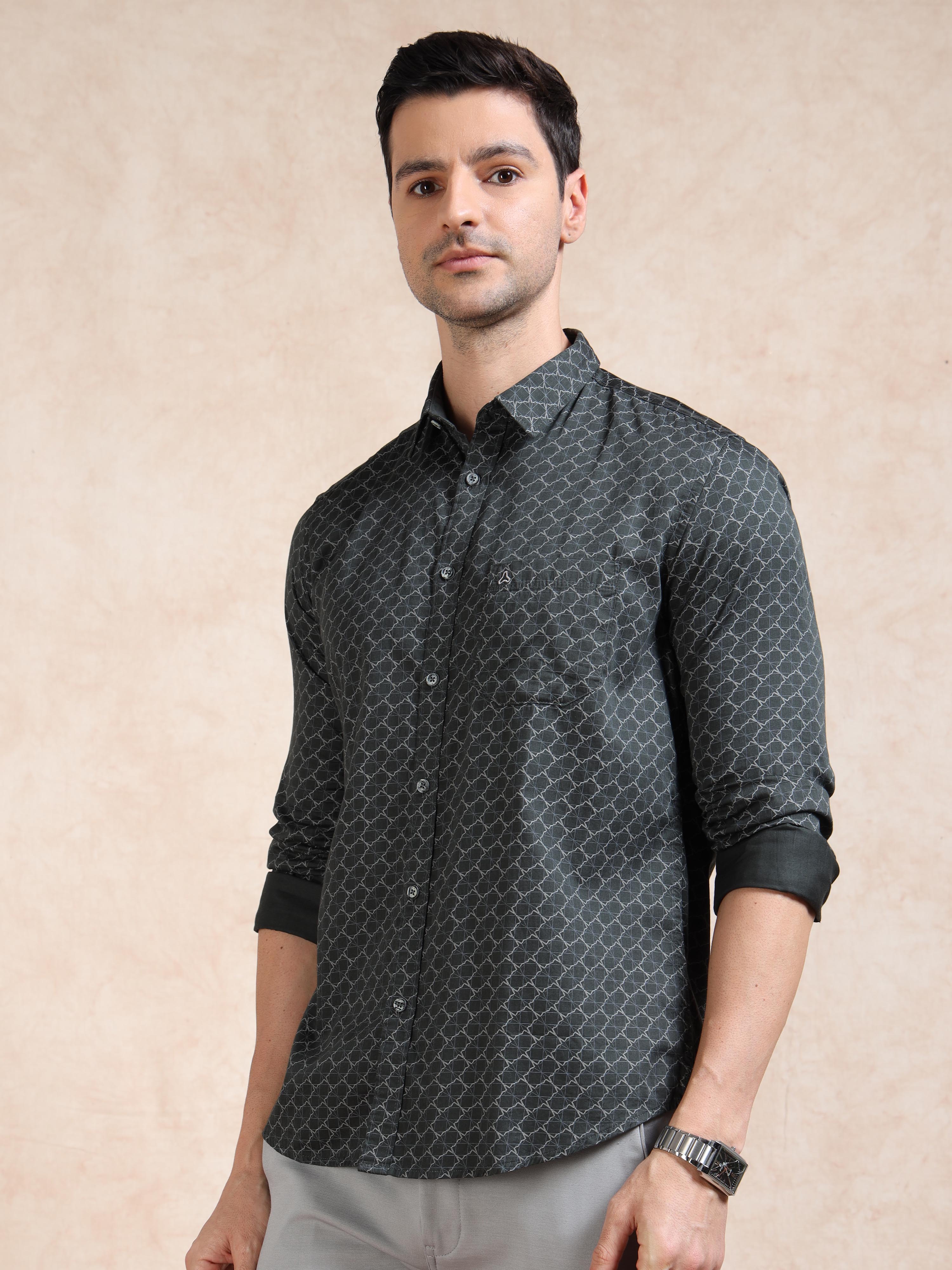 MEN'S GREEN PRINT SLIM FIT SHIRT
