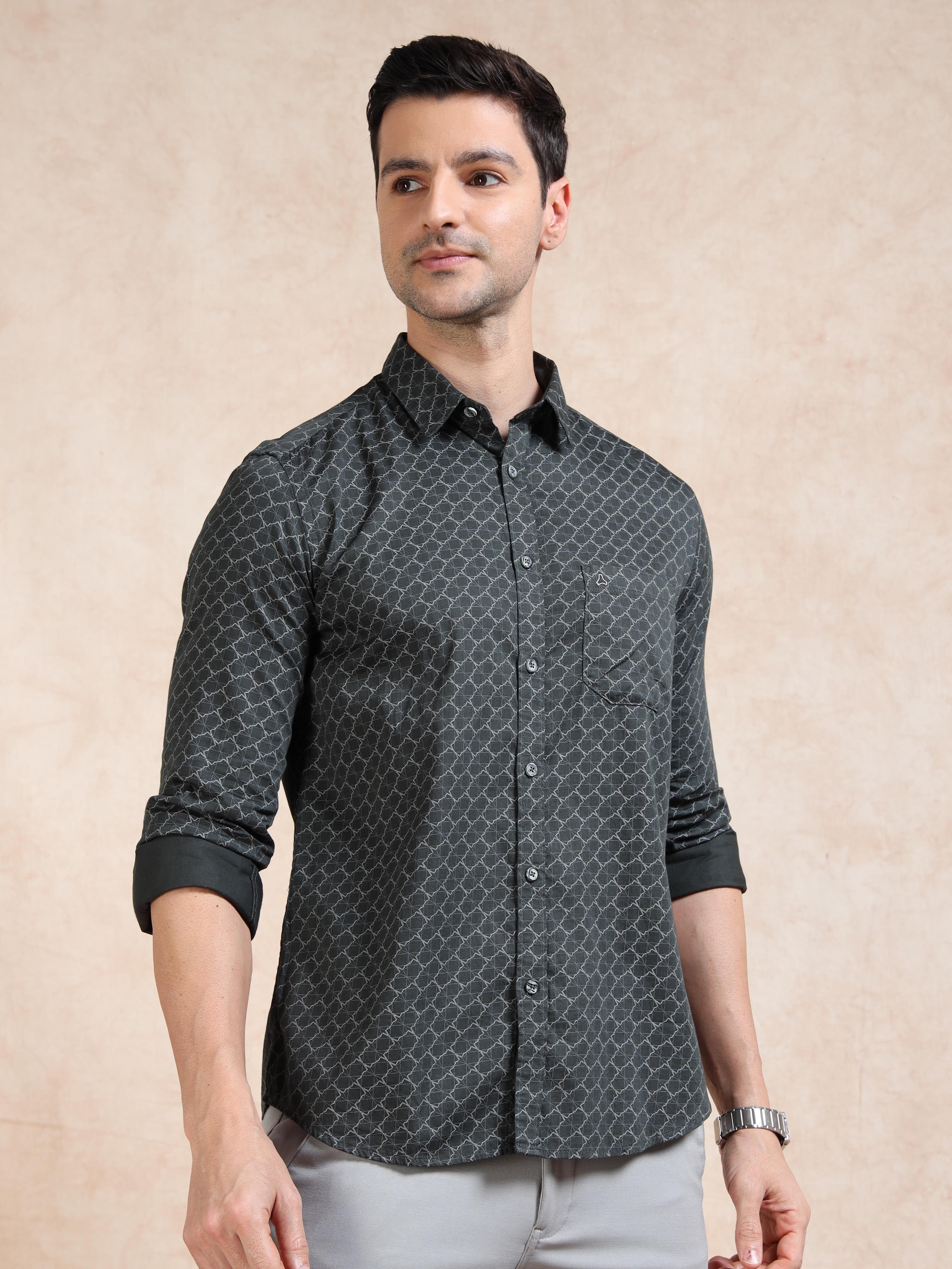 MEN'S GREEN PRINT SLIM FIT SHIRT