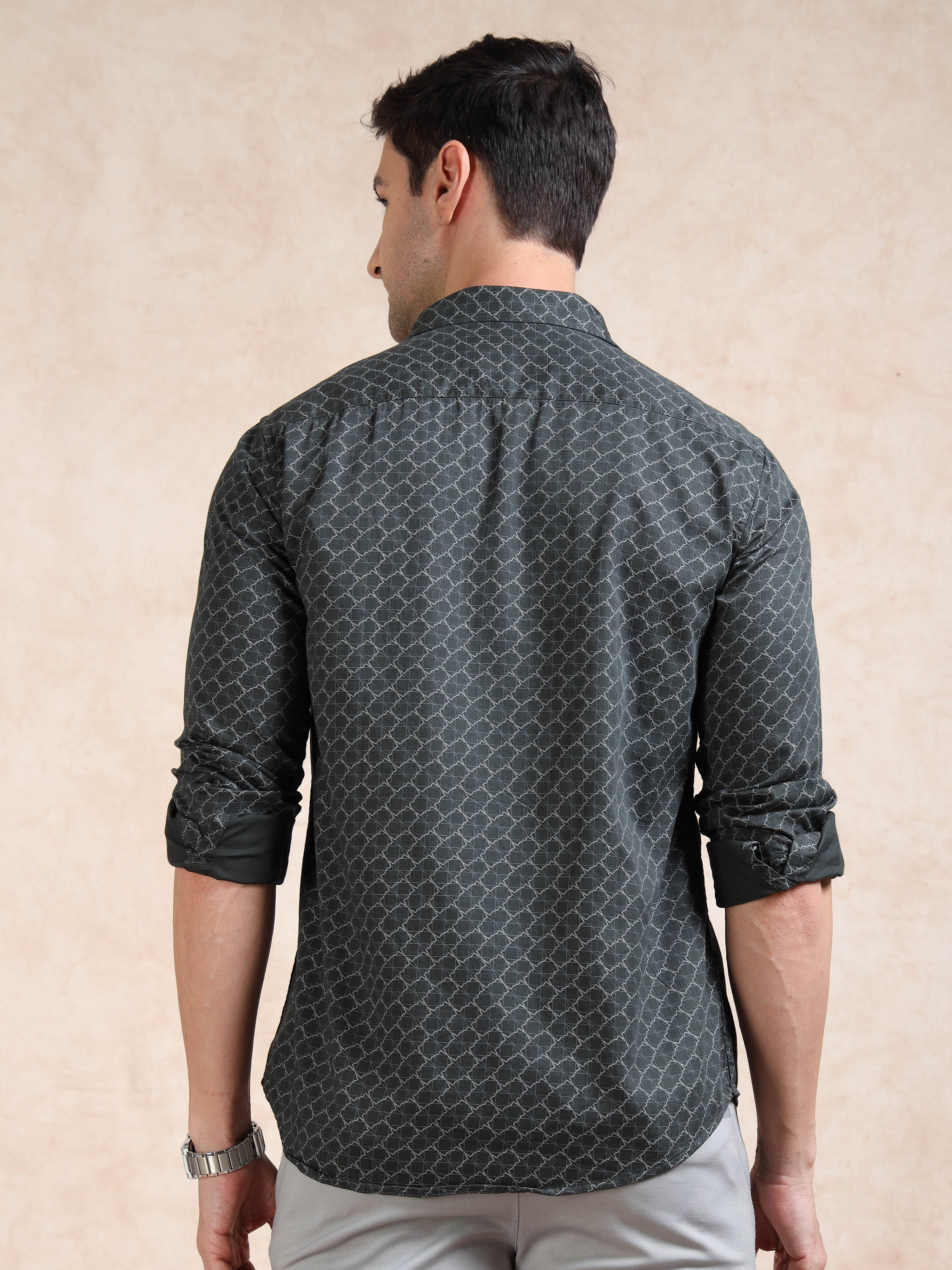 MEN'S GREEN PRINT SLIM FIT SHIRT