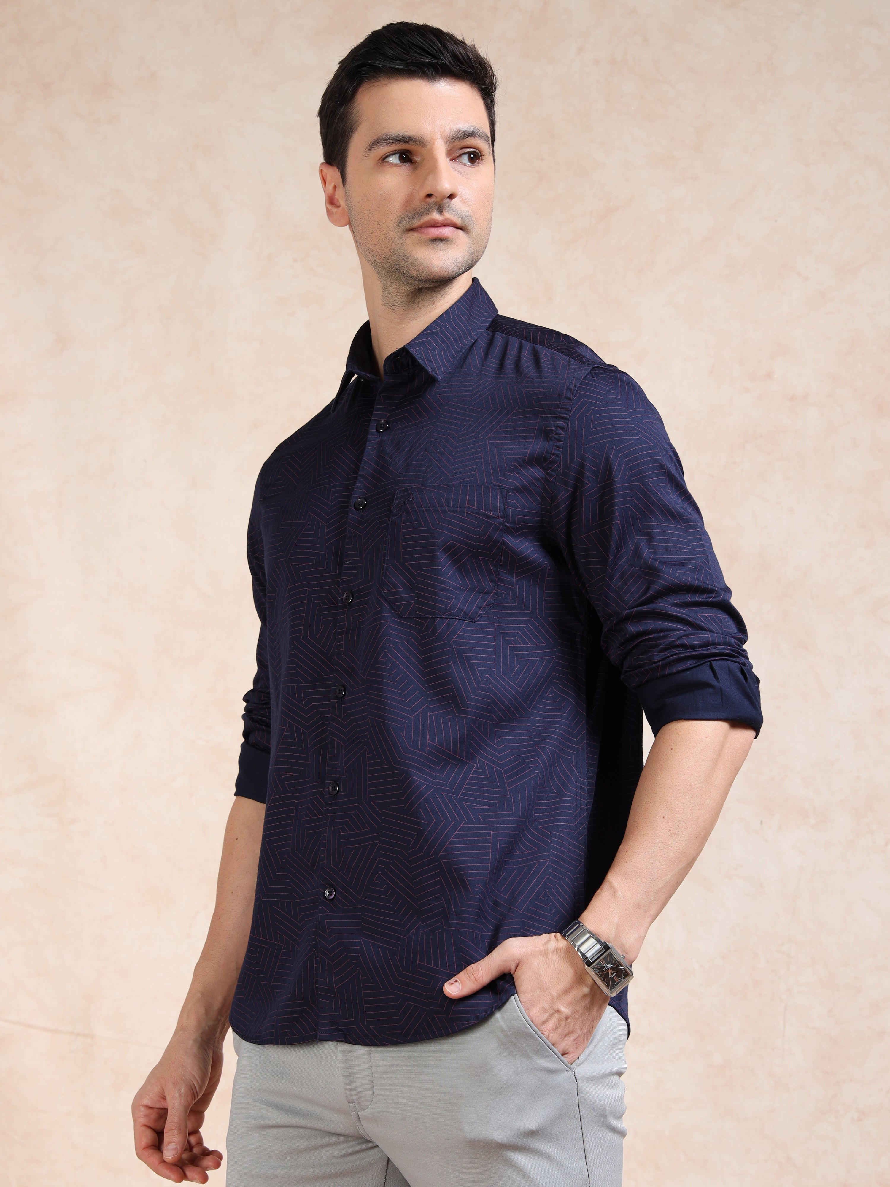 MEN'S NAVY PRINT SLIM FIT SHIRT