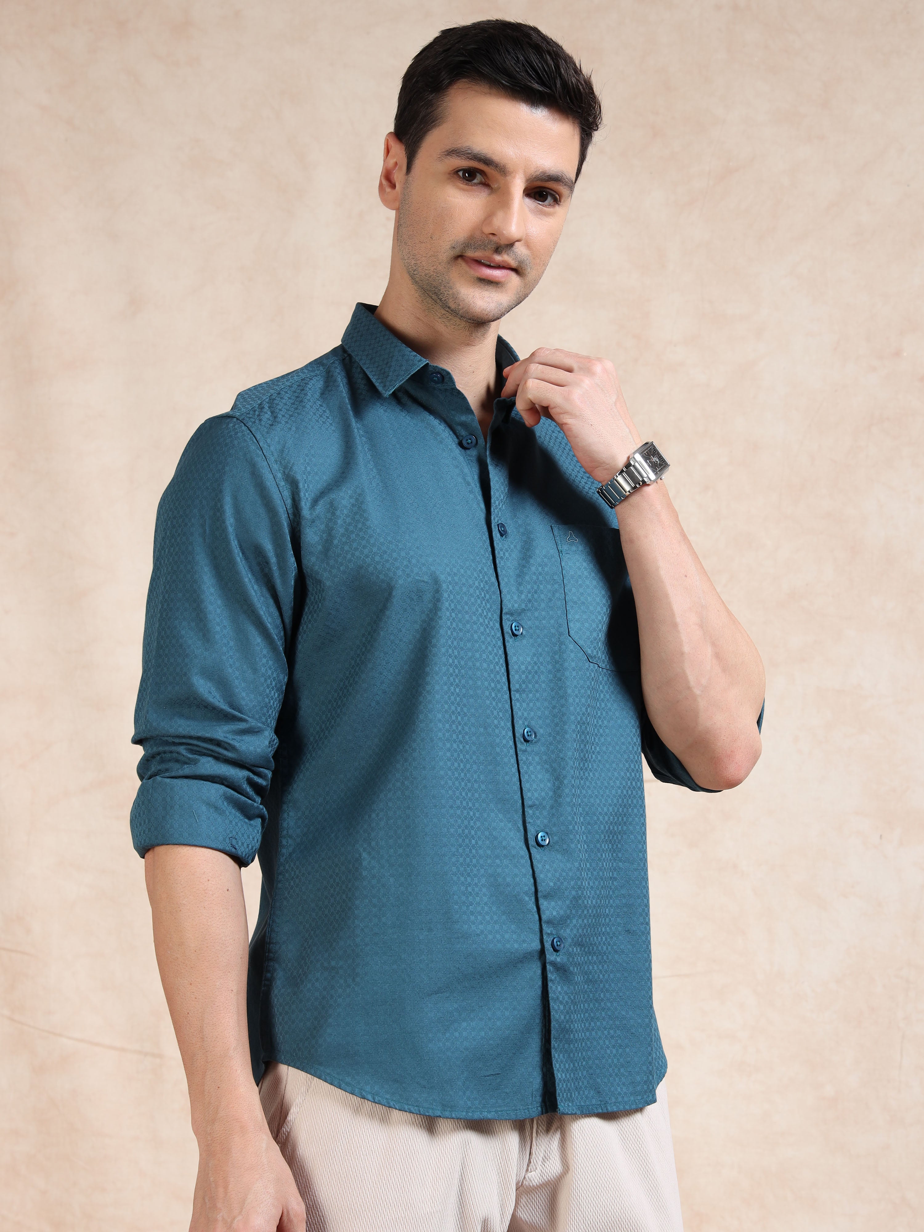 MEN'S P.GREEN SELF DESIGN SLIM FIT SHIRT