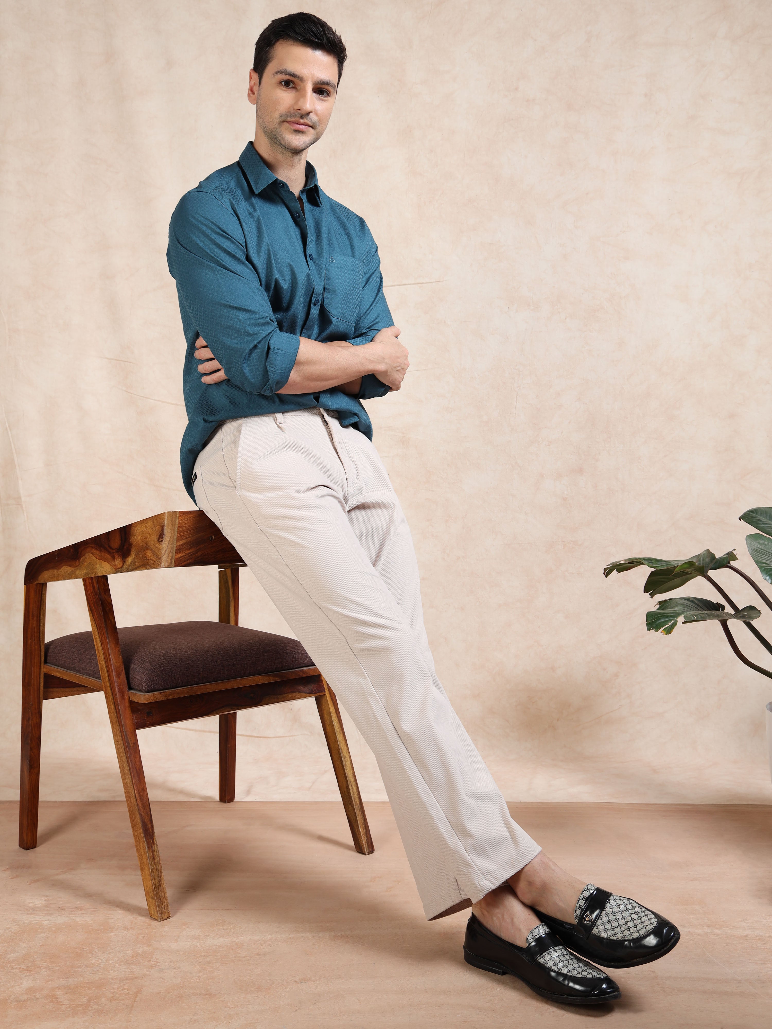 MEN'S P.GREEN SELF DESIGN SLIM FIT SHIRT