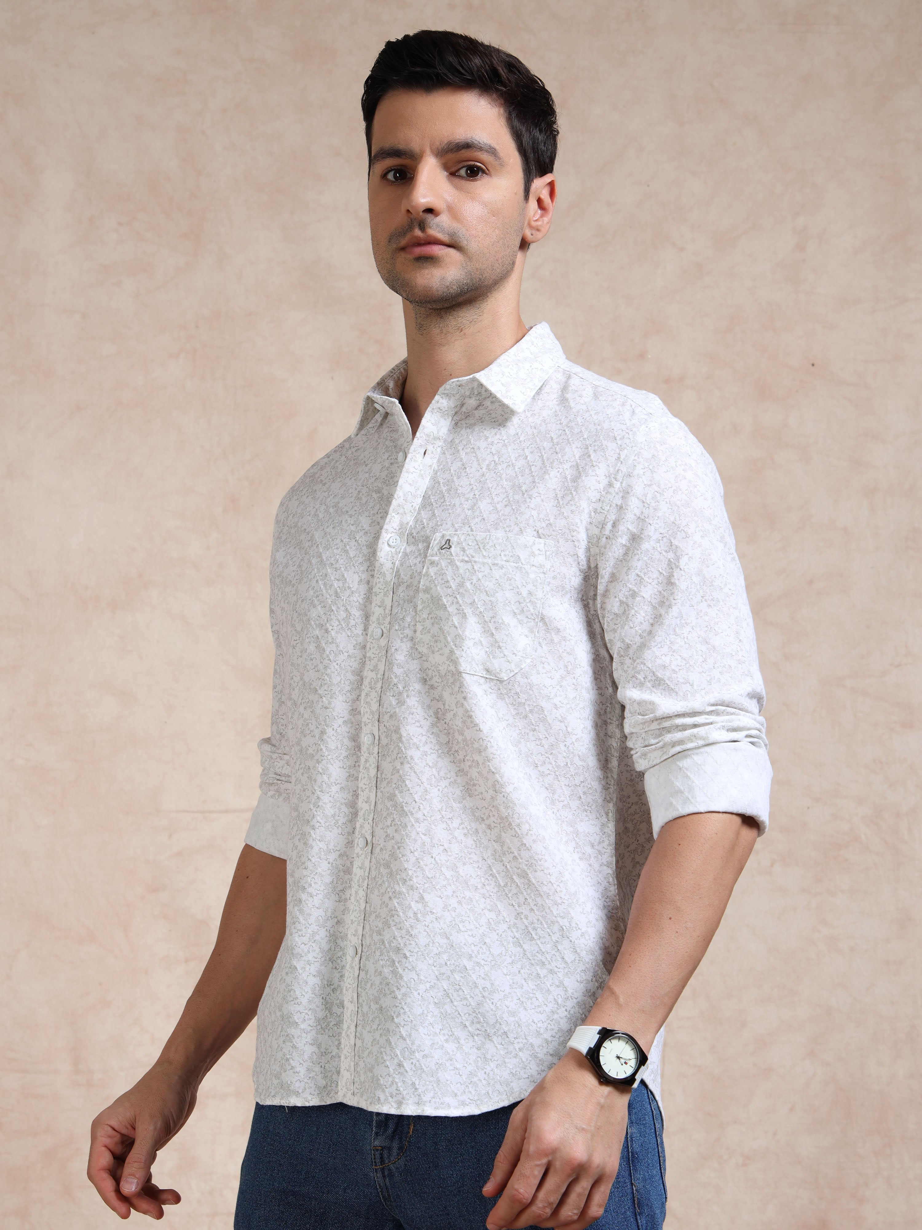 MEN'S WHITE PRINT SLIM FIT SHIRT