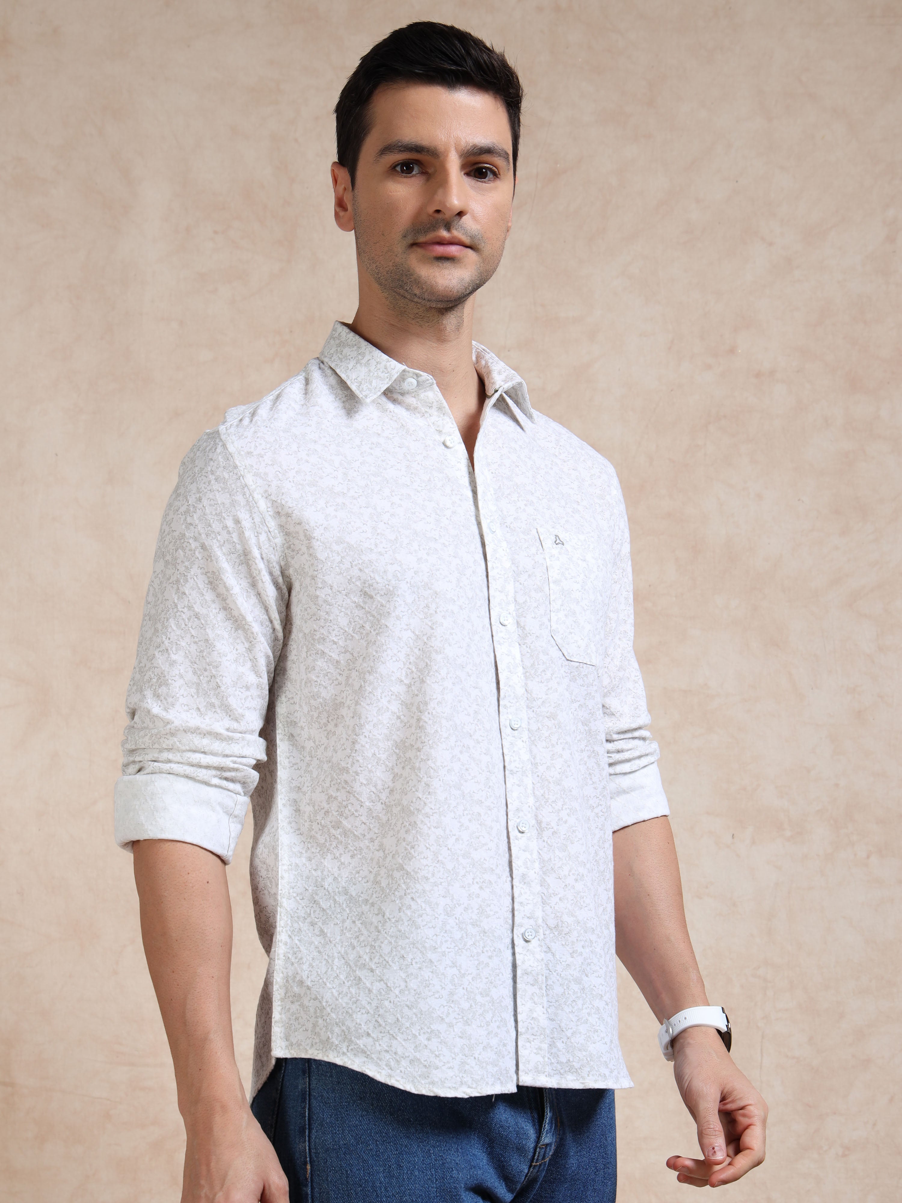 MEN'S WHITE PRINT SLIM FIT SHIRT