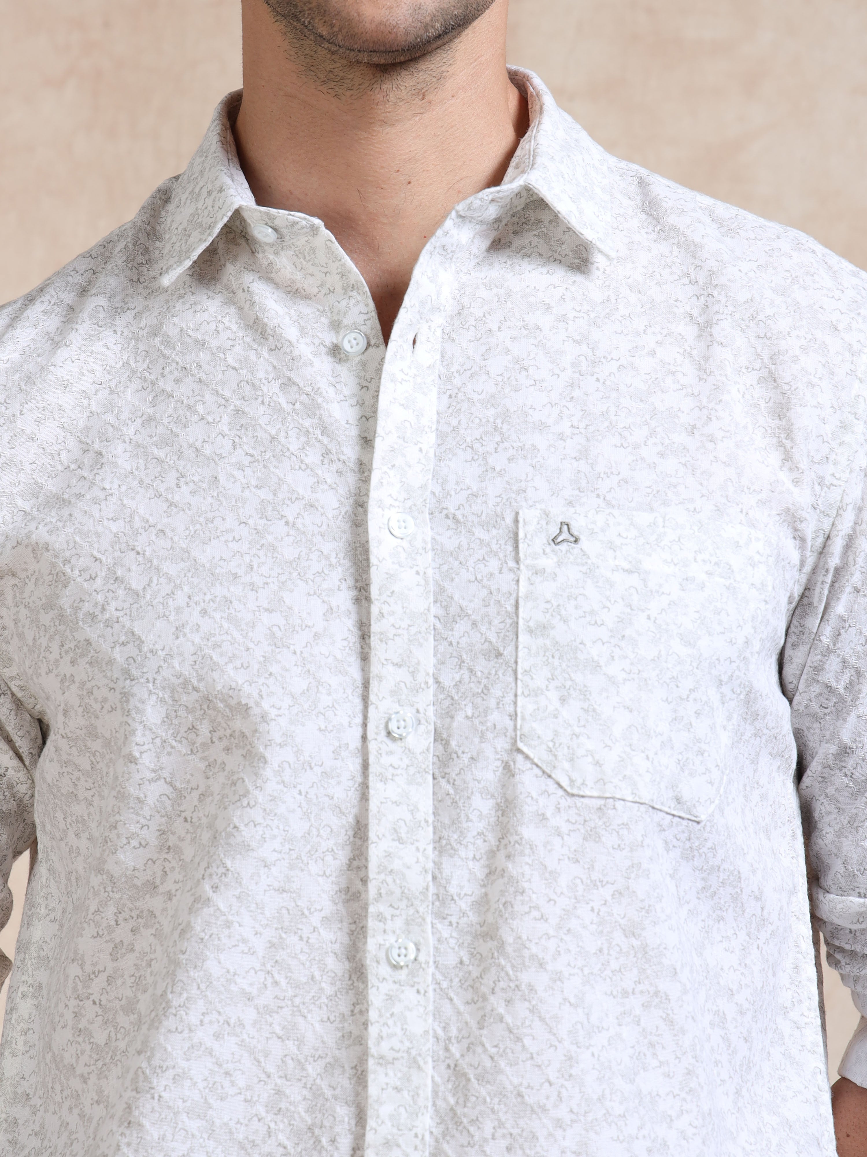 MEN'S WHITE PRINT SLIM FIT SHIRT