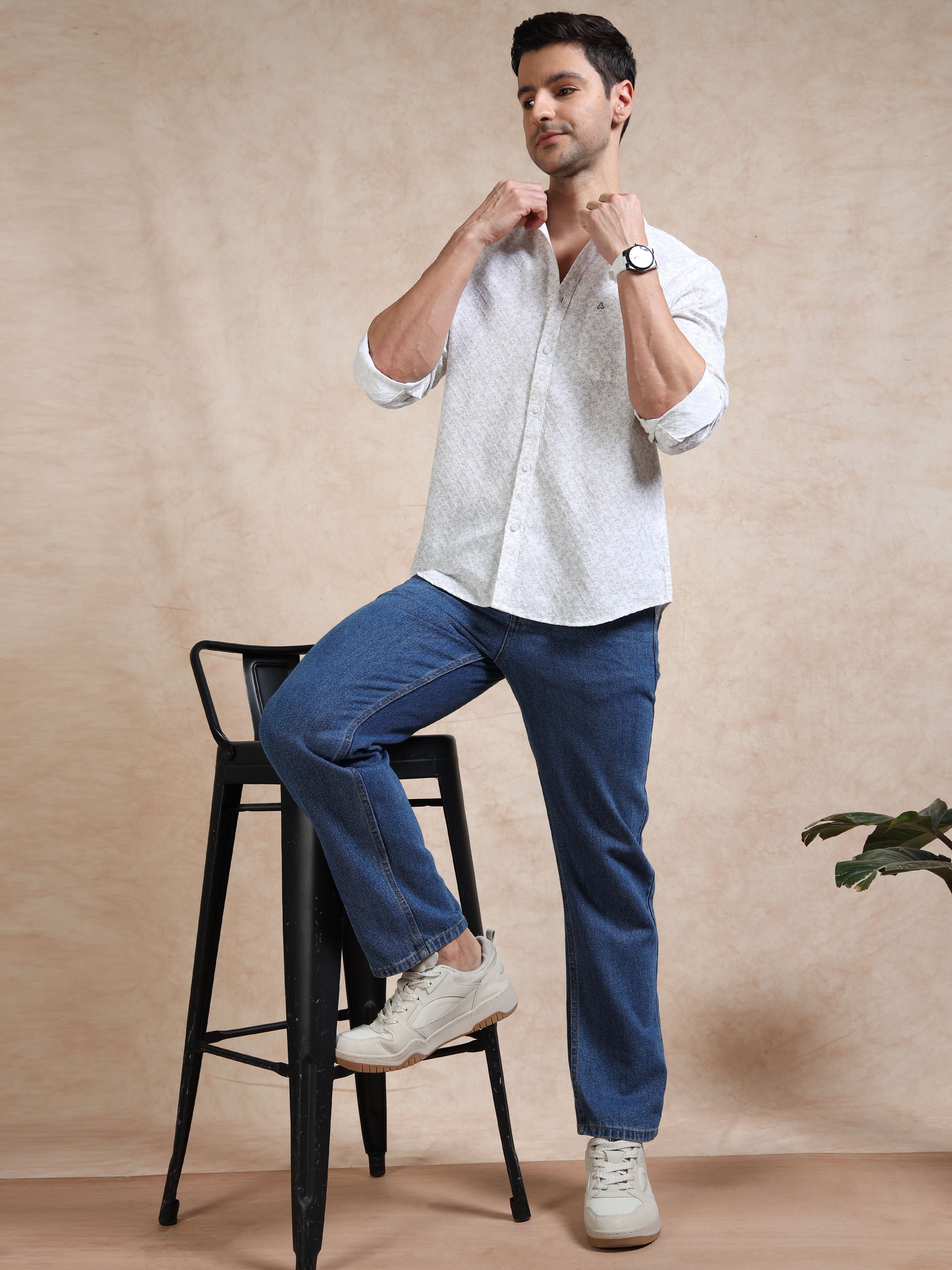 MEN'S WHITE PRINT SLIM FIT SHIRT