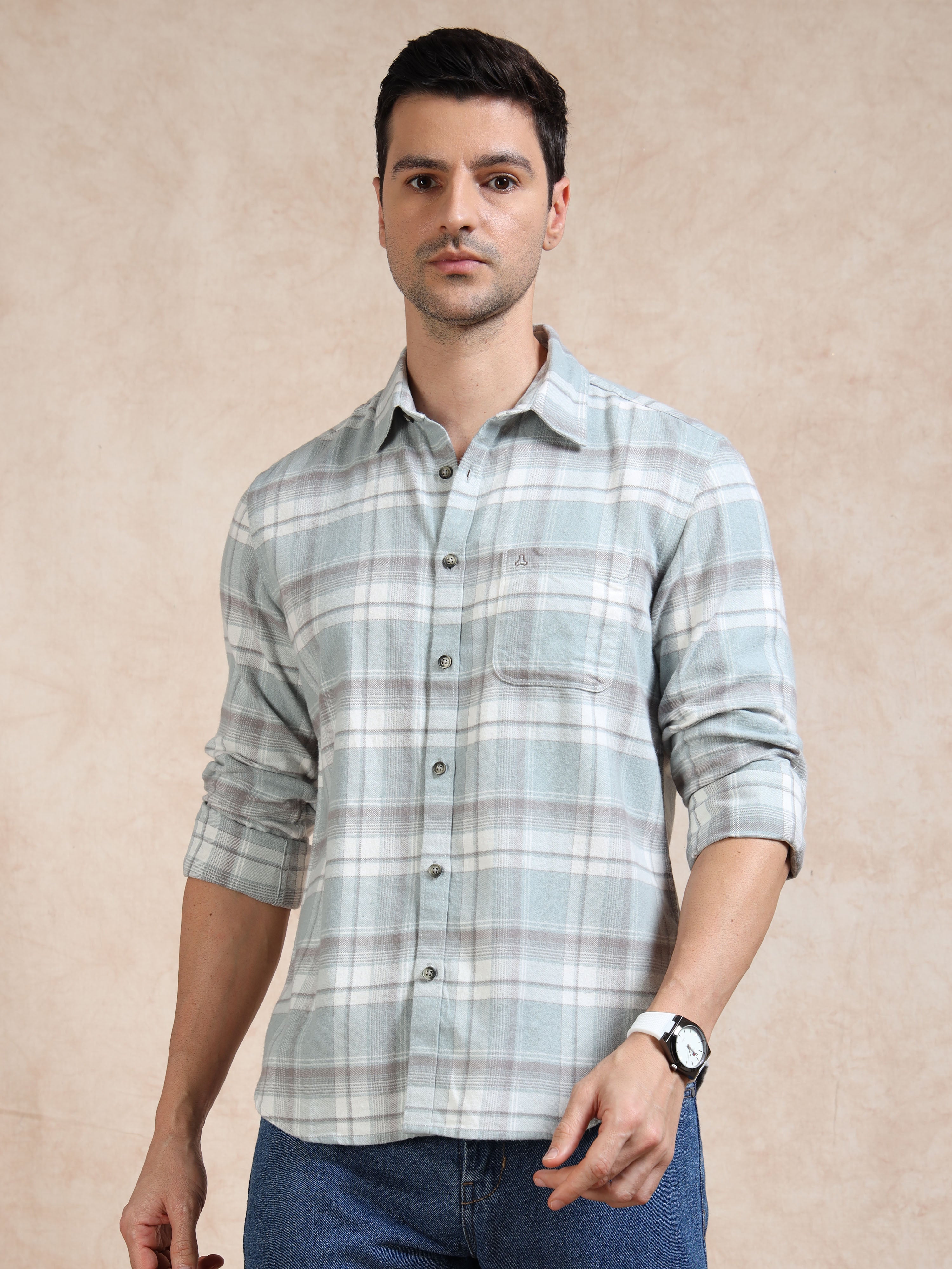 MEN'S LT BLUE BRUSHING CHECKS SLIM FIT SHIRT
