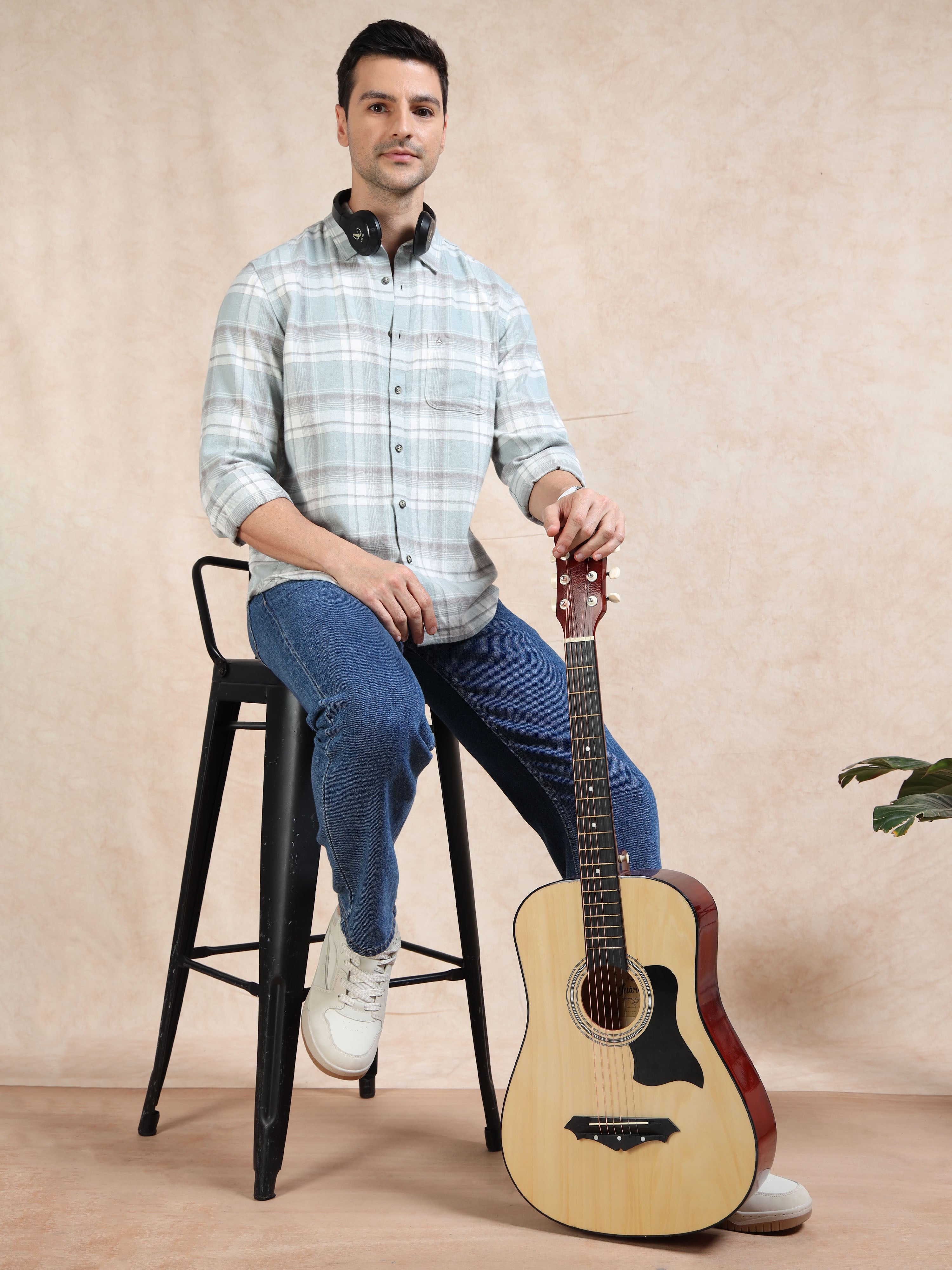 MEN'S LT BLUE BRUSHING CHECKS SLIM FIT SHIRT