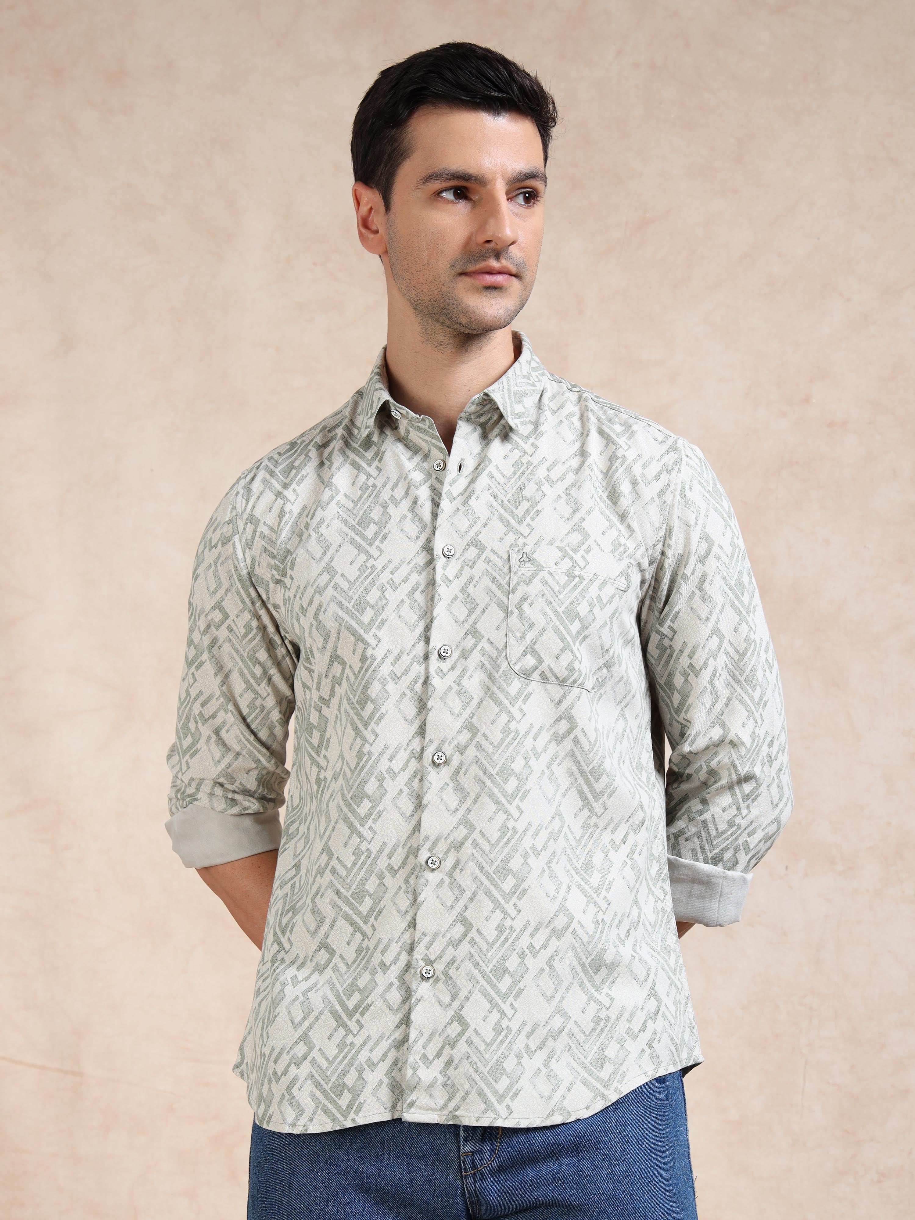 MEN'S GREEN PRINT SLIM FIT SHIRT