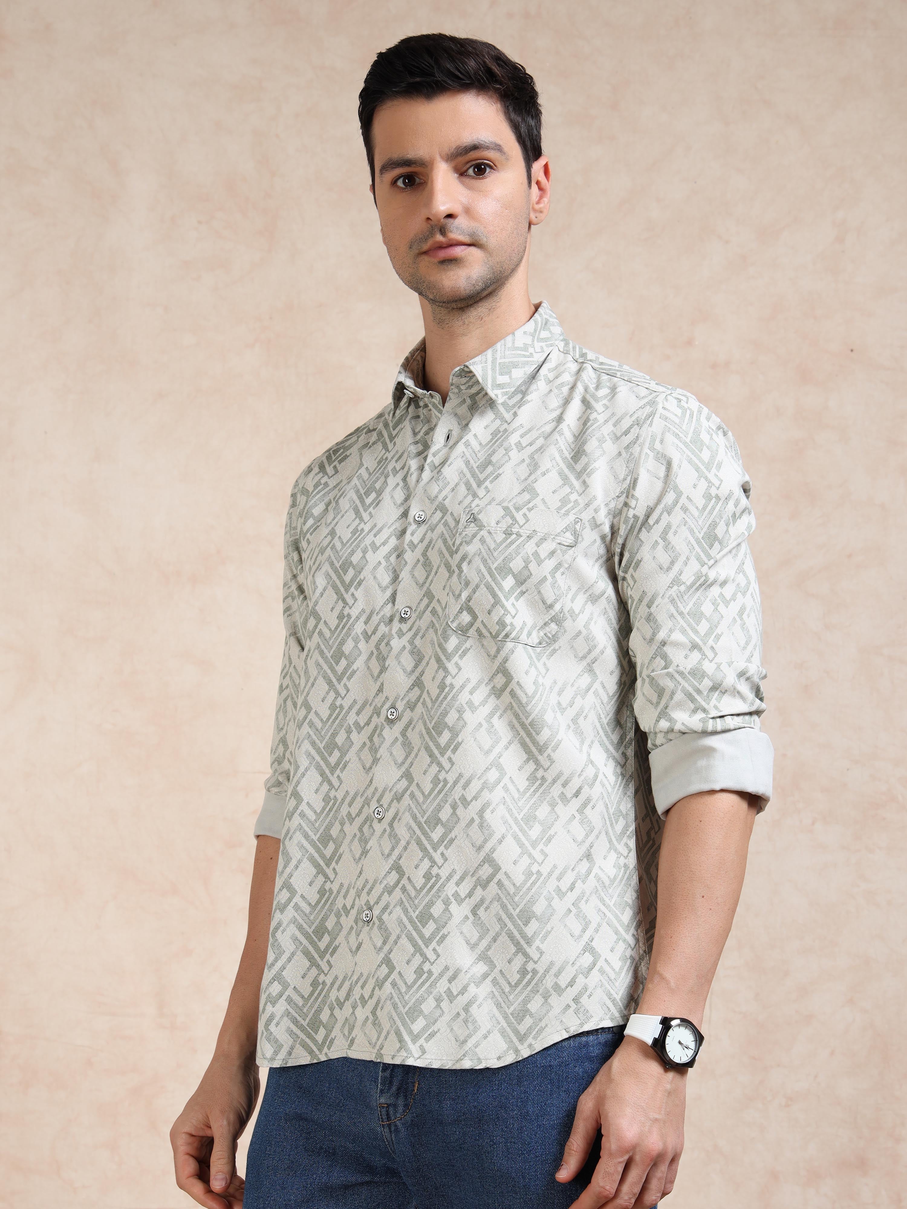 MEN'S GREEN PRINT SLIM FIT SHIRT