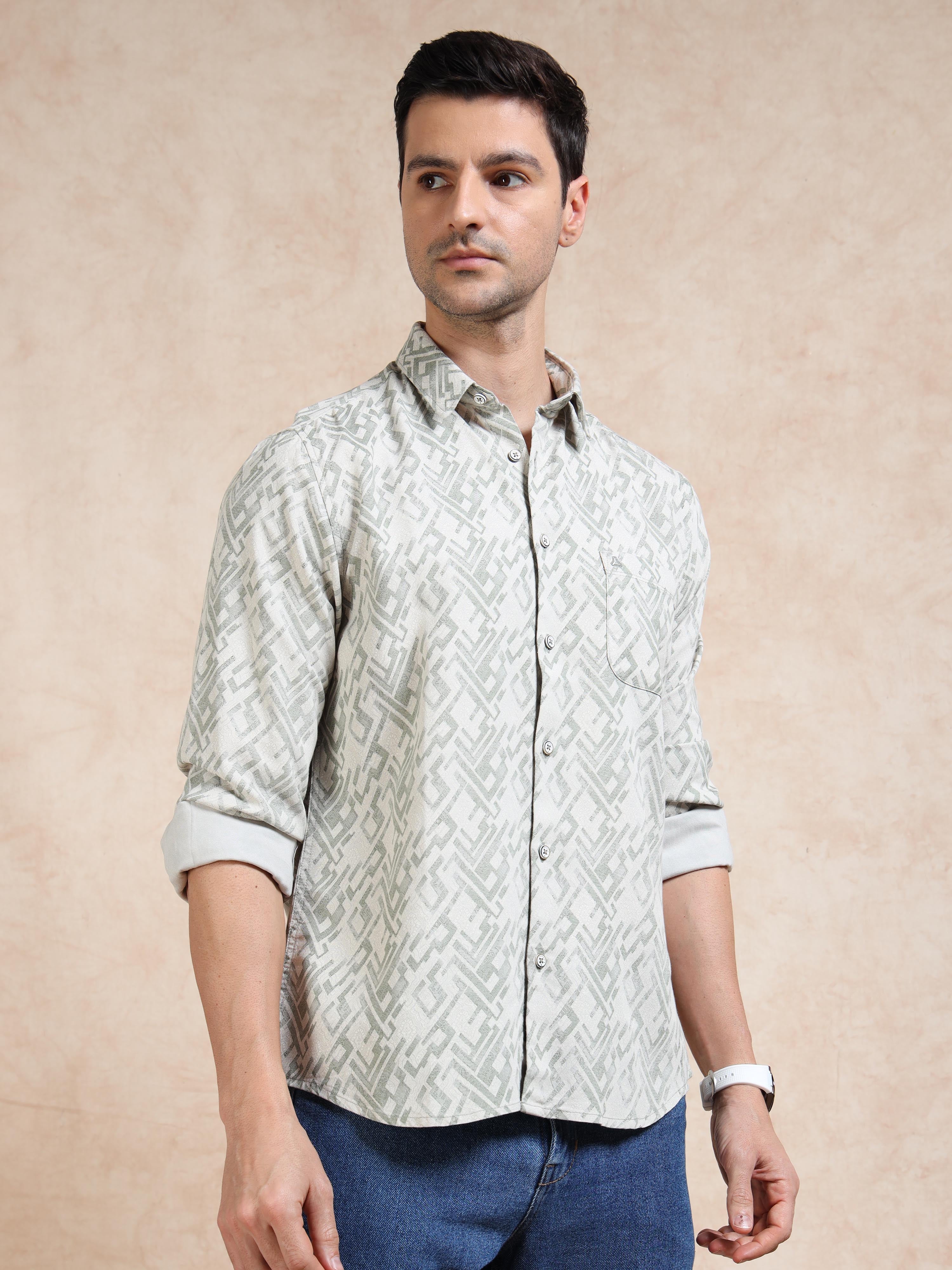 MEN'S GREEN PRINT SLIM FIT SHIRT