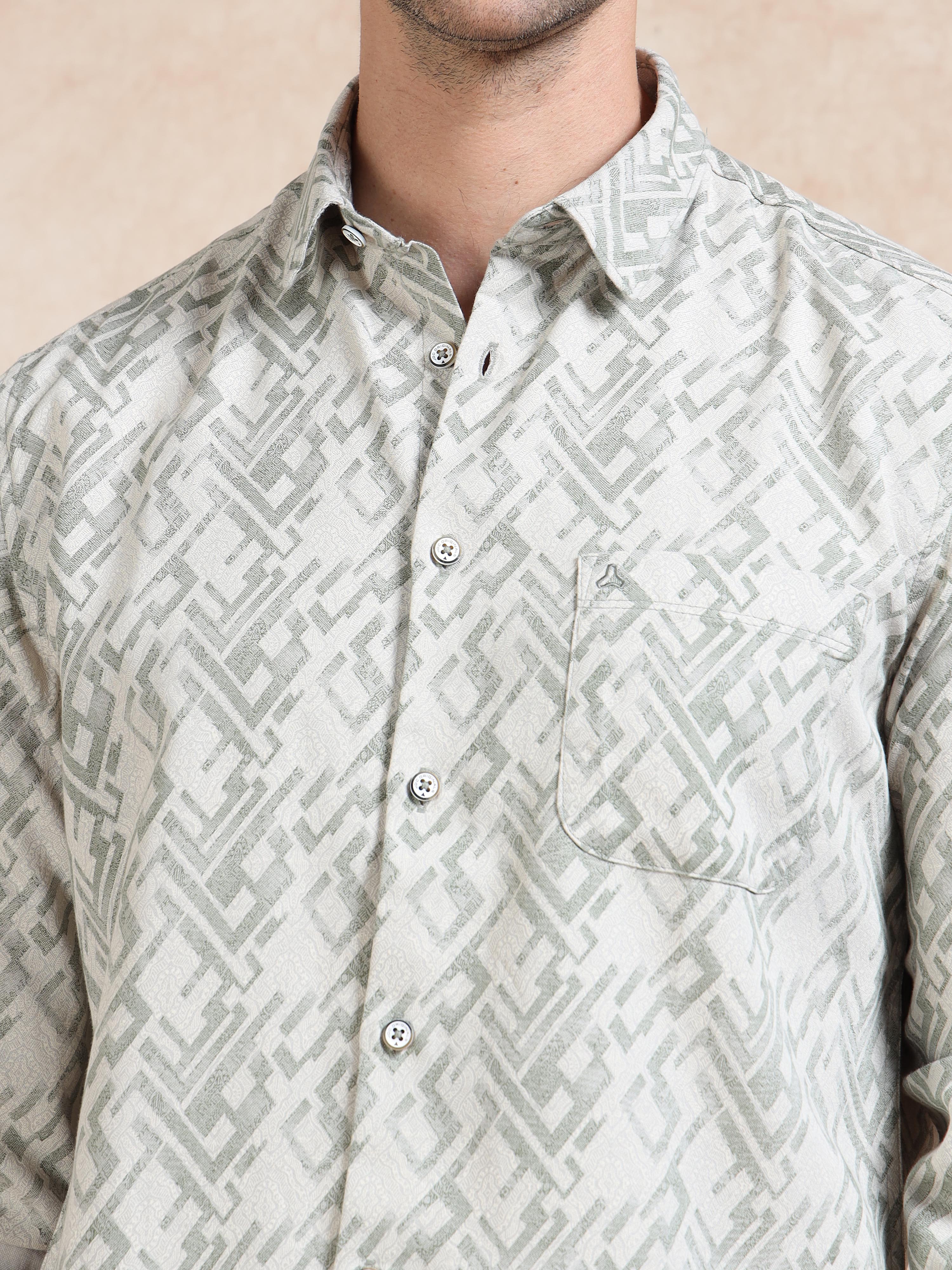 MEN'S GREEN PRINT SLIM FIT SHIRT