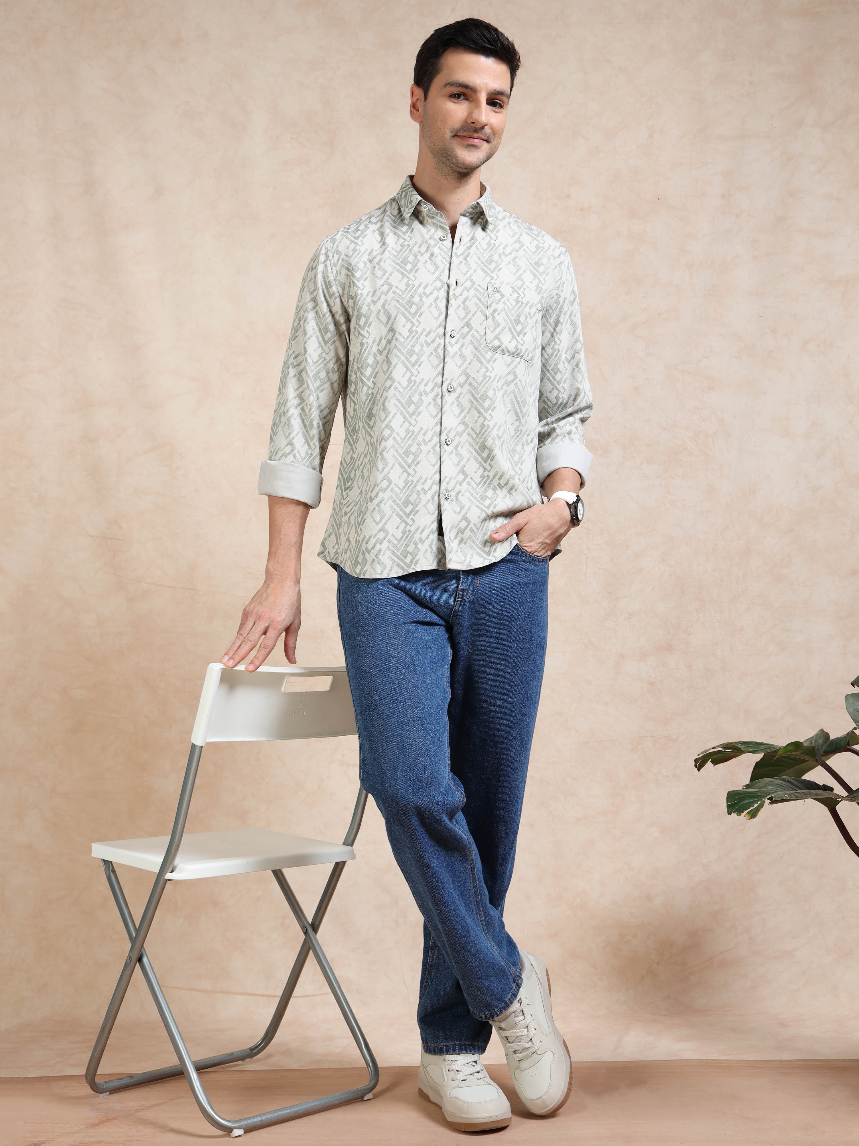 MEN'S GREEN PRINT SLIM FIT SHIRT