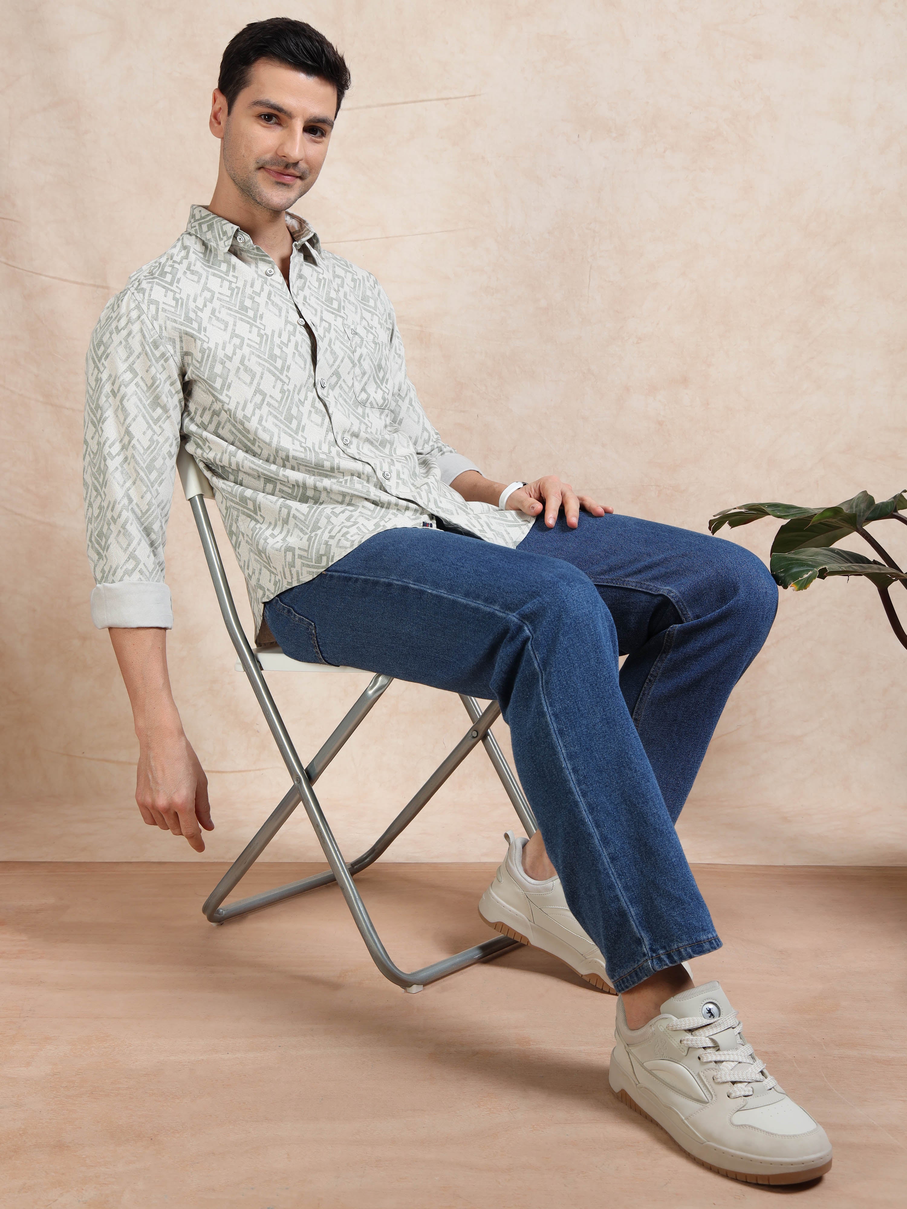 MEN'S GREEN PRINT SLIM FIT SHIRT