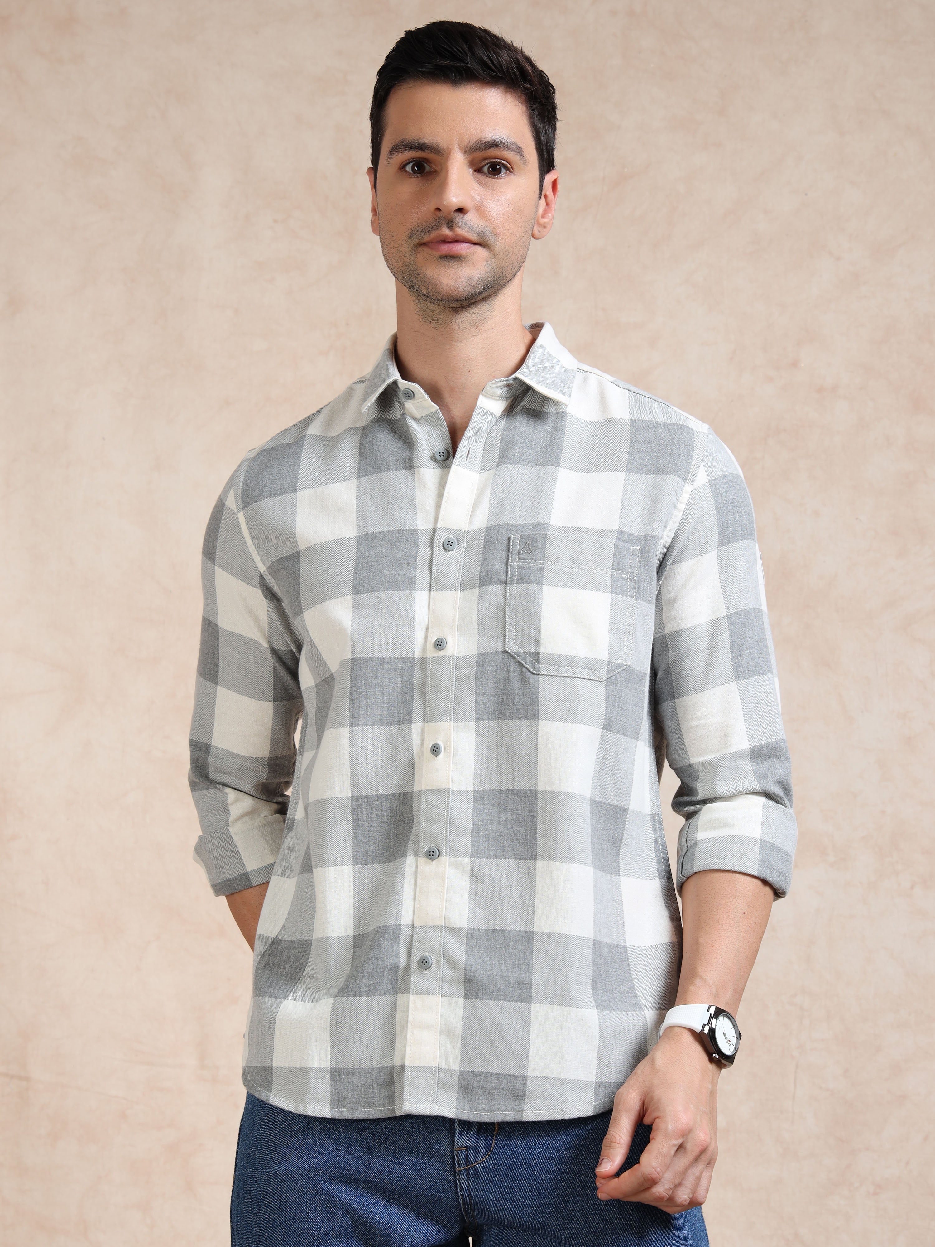 MEN'S GREY CHECKS SLIM FIT SHIRT