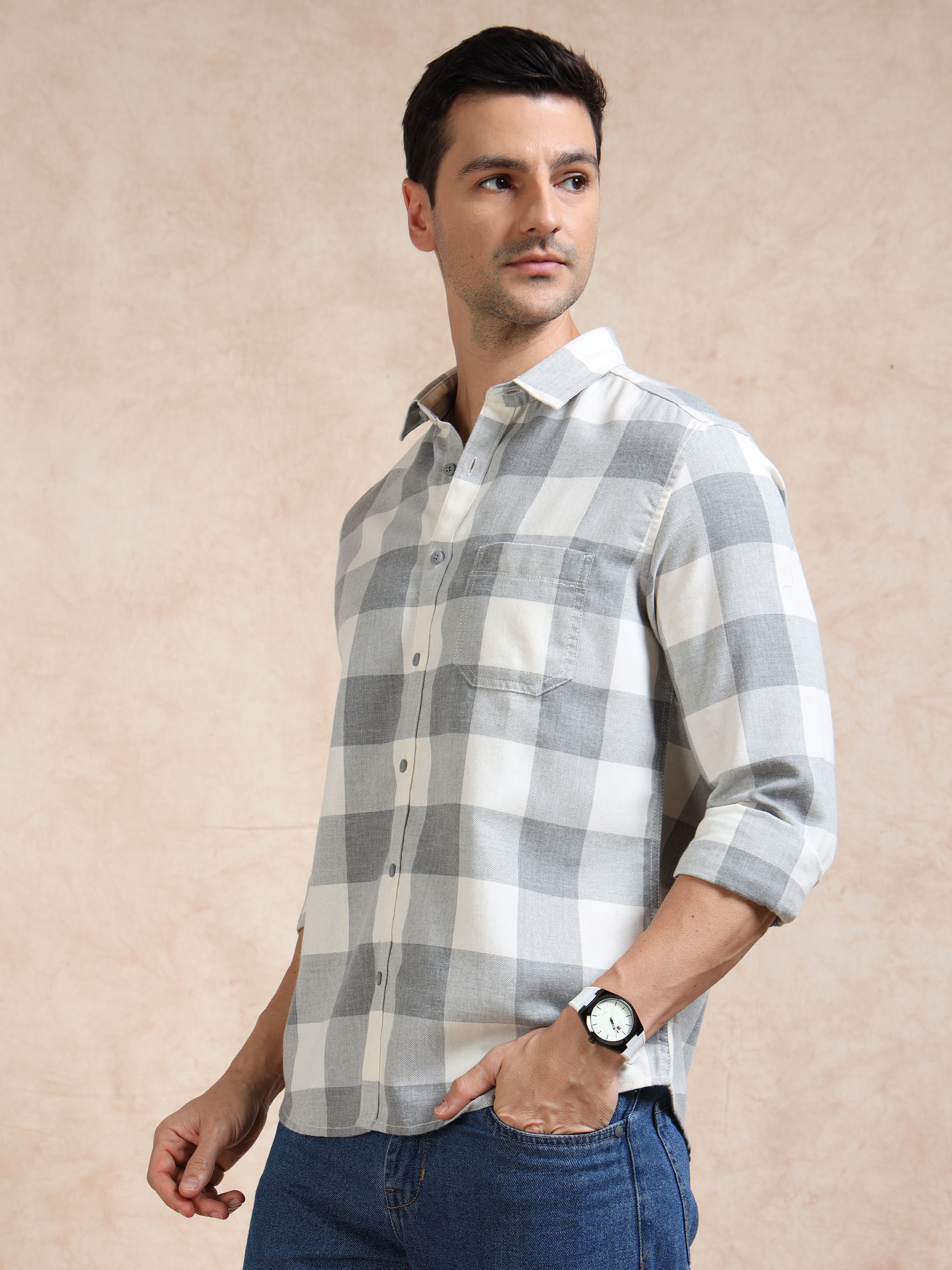 MEN'S GREY CHECKS SLIM FIT SHIRT