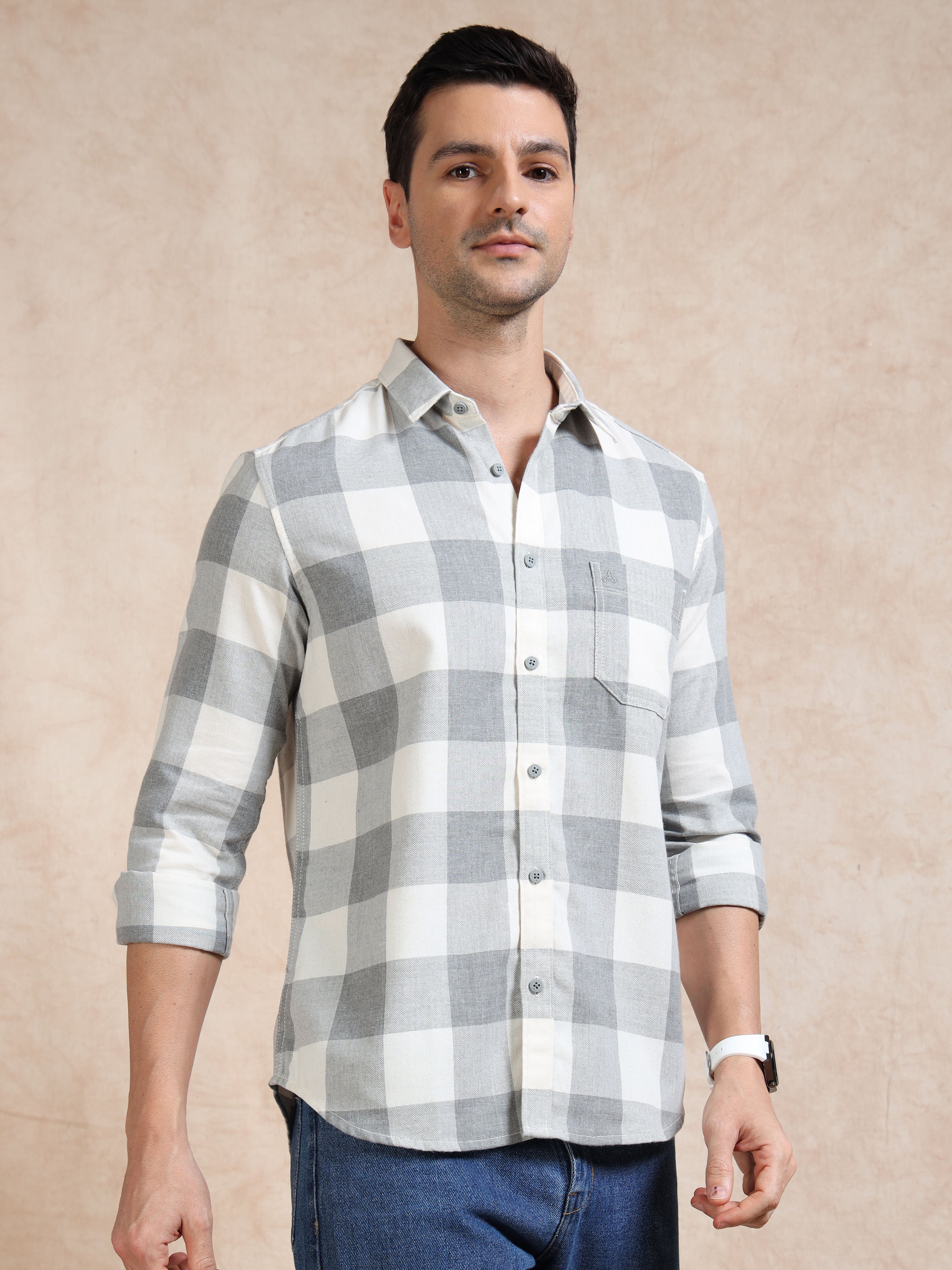 MEN'S GREY CHECKS SLIM FIT SHIRT