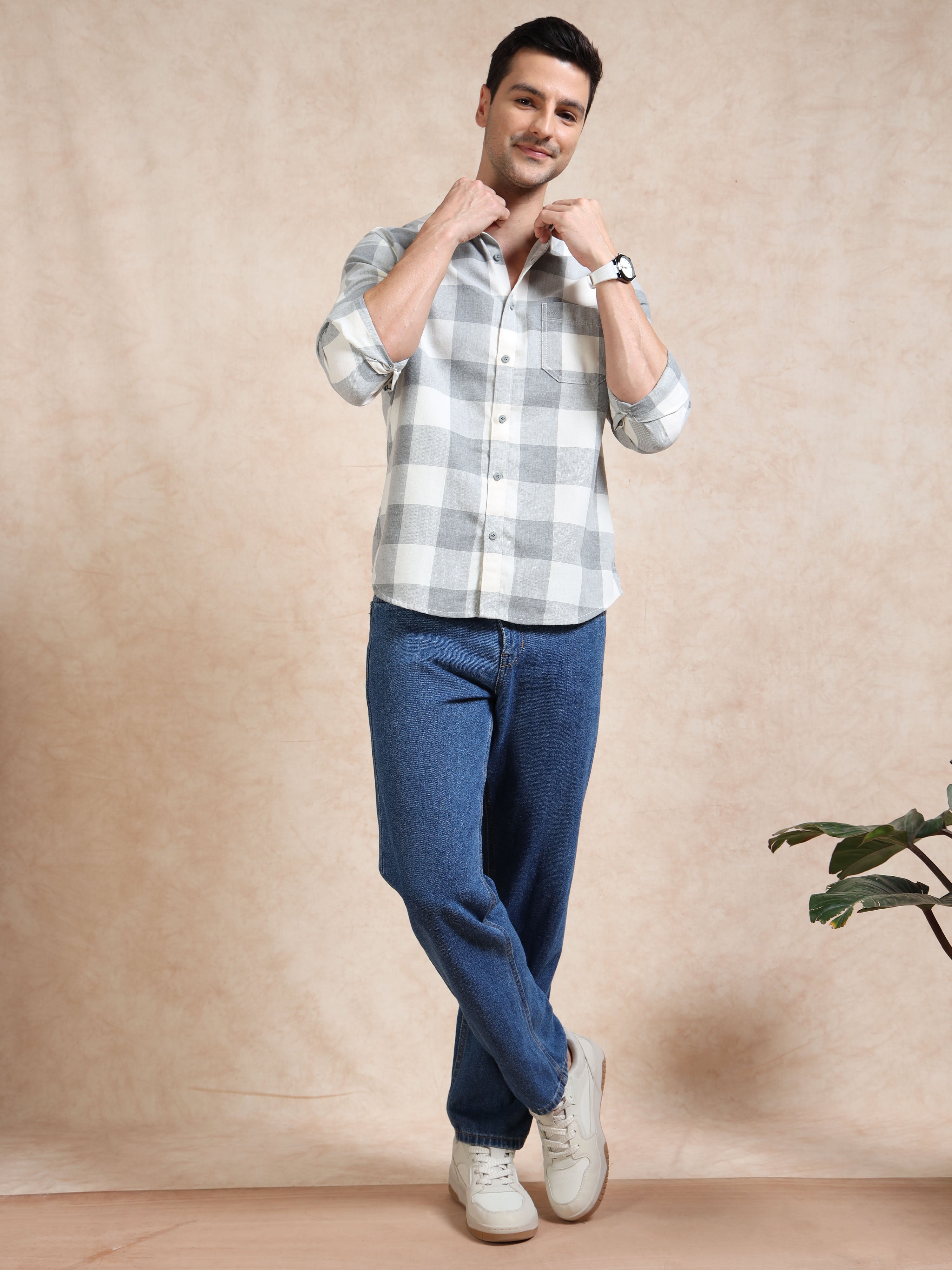 MEN'S GREY CHECKS SLIM FIT SHIRT