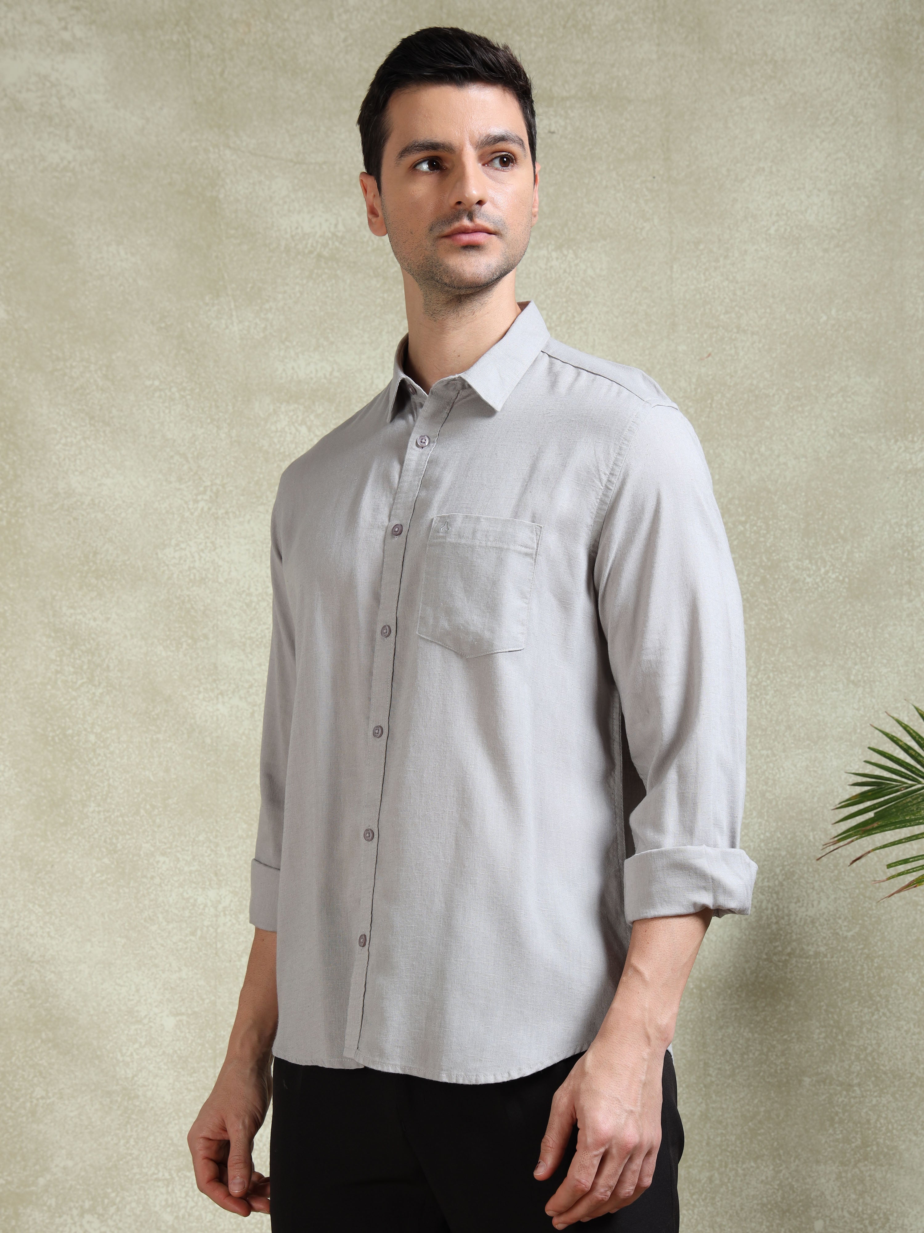 MEN'S SILVER SOLID SLIM FIT LINEN SHIRT