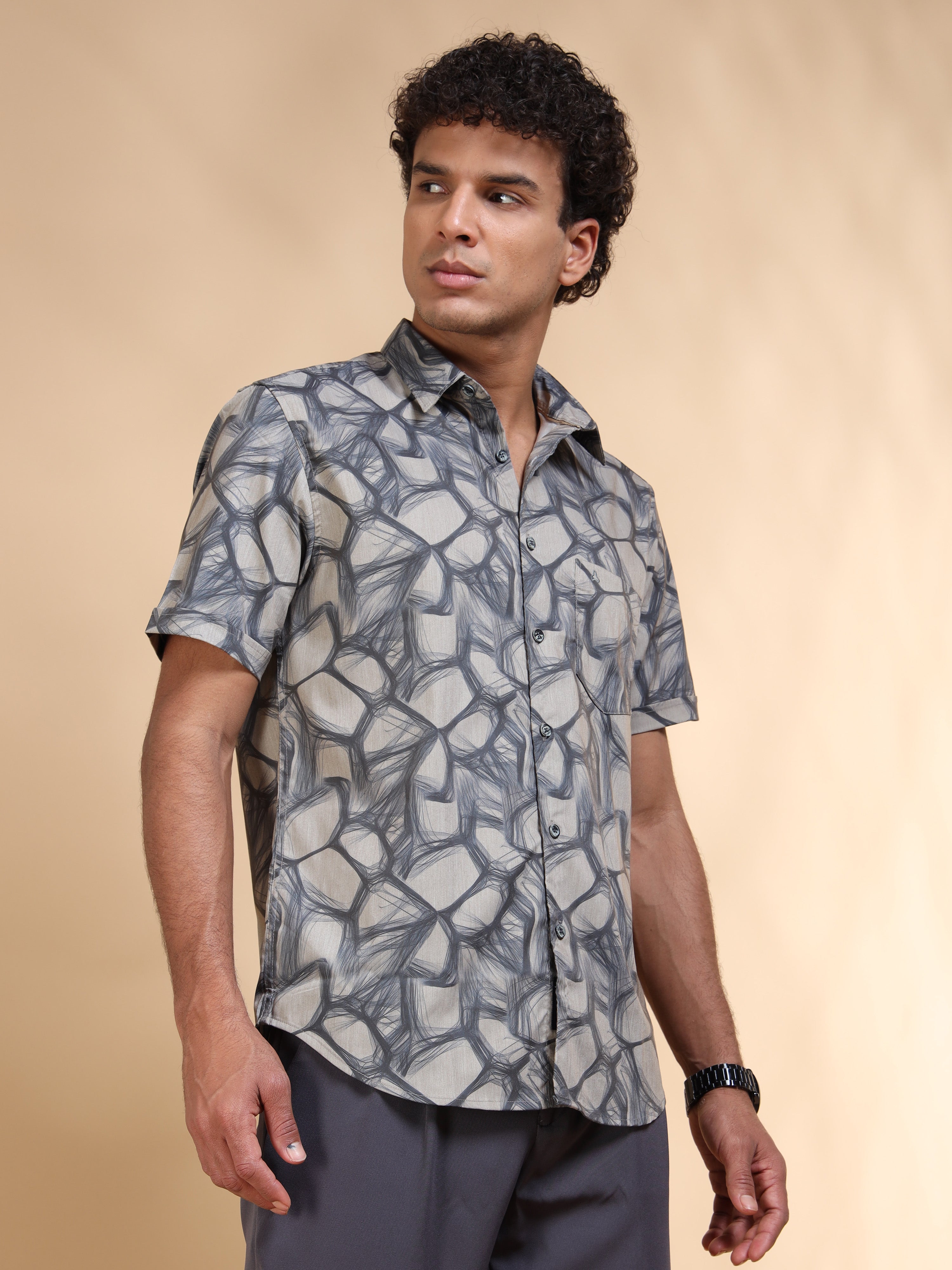 MEN'S DK.GREY PRINT SLIM FIT SHIRT