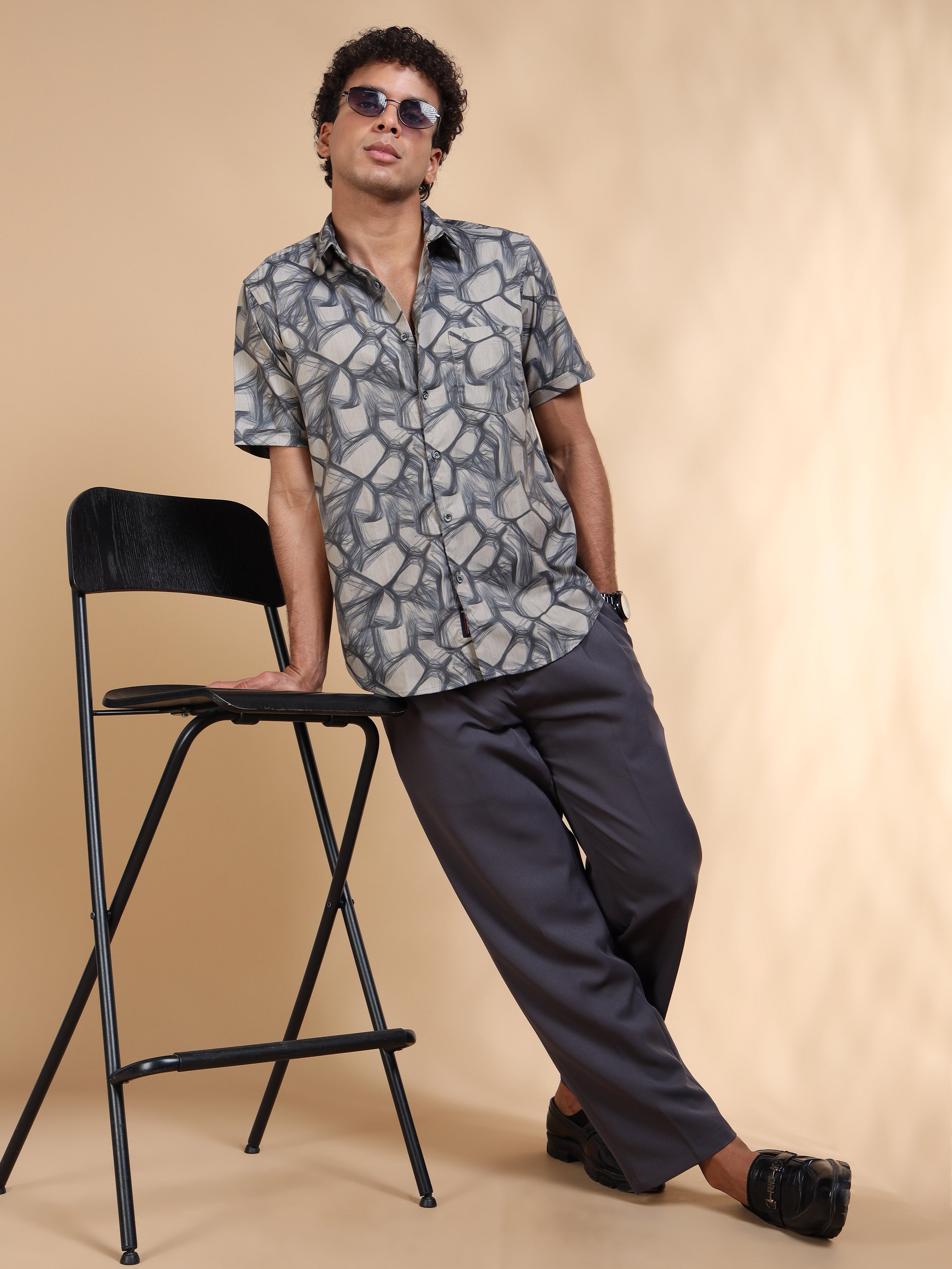 MEN'S DK.GREY PRINT SLIM FIT SHIRT