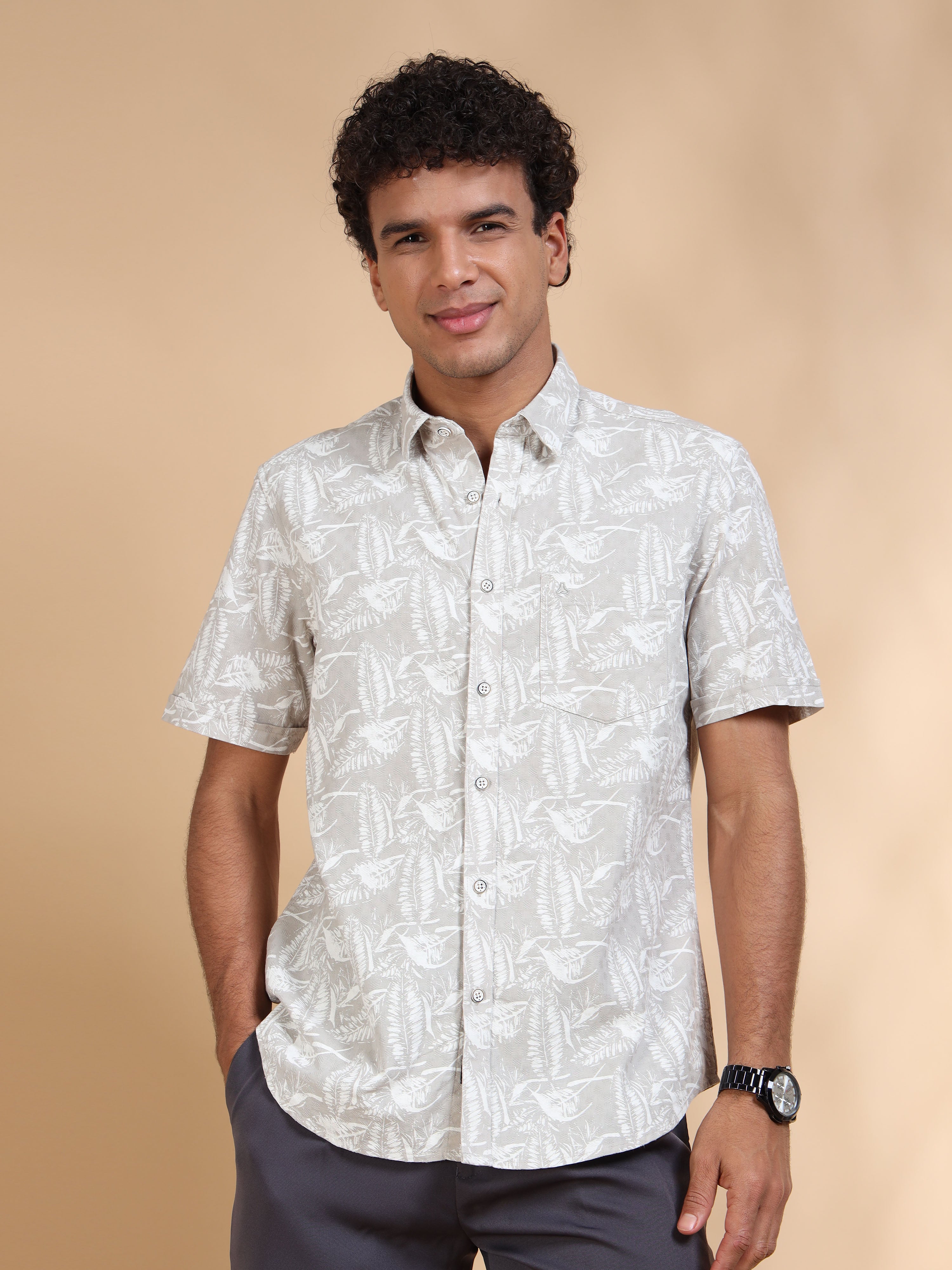 MEN'S GREY PRINT SLIM FIT SHIRT