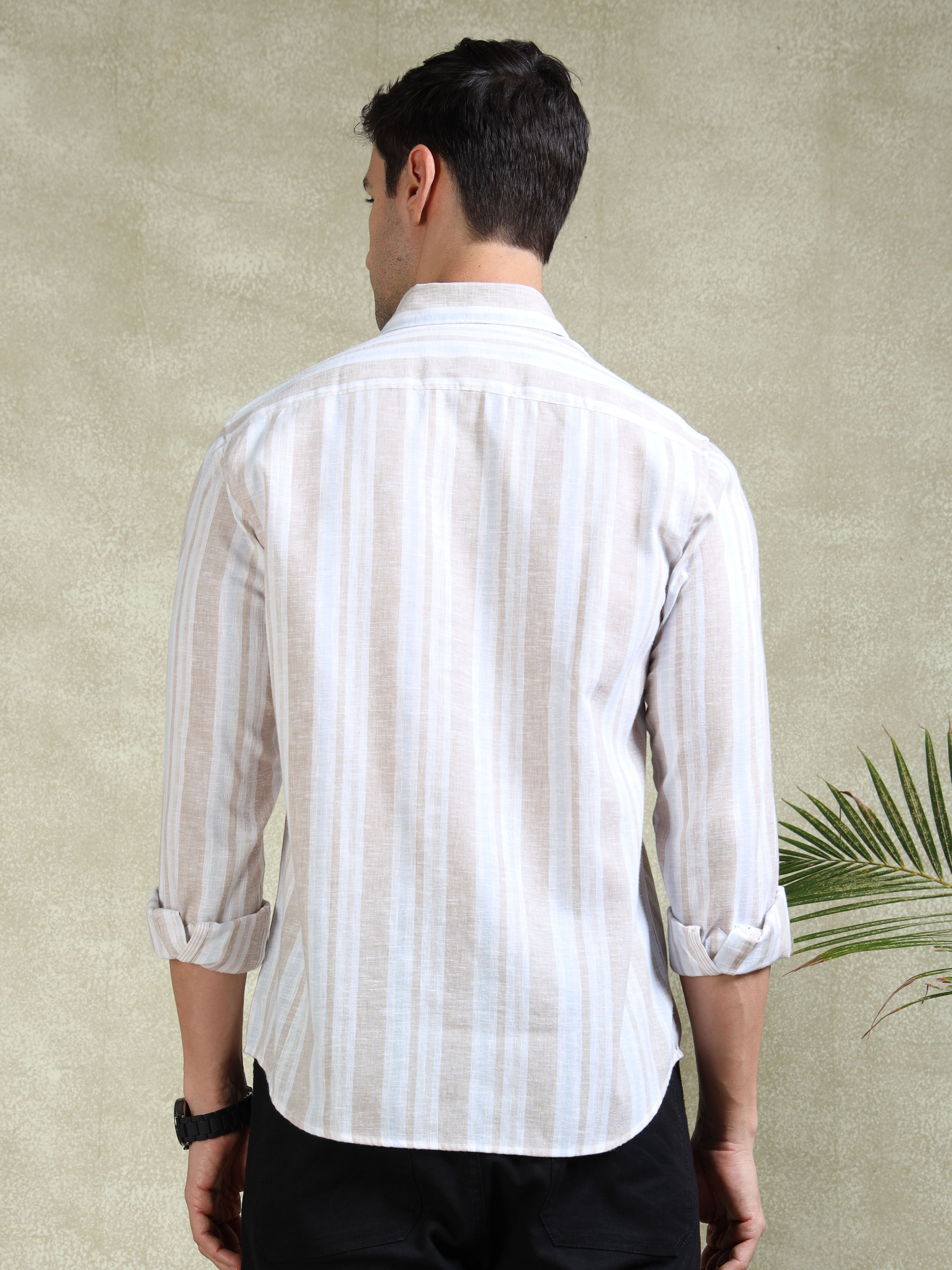 MEN'S DK.BEIGE STRIPE SLIM FIT SHIRT
