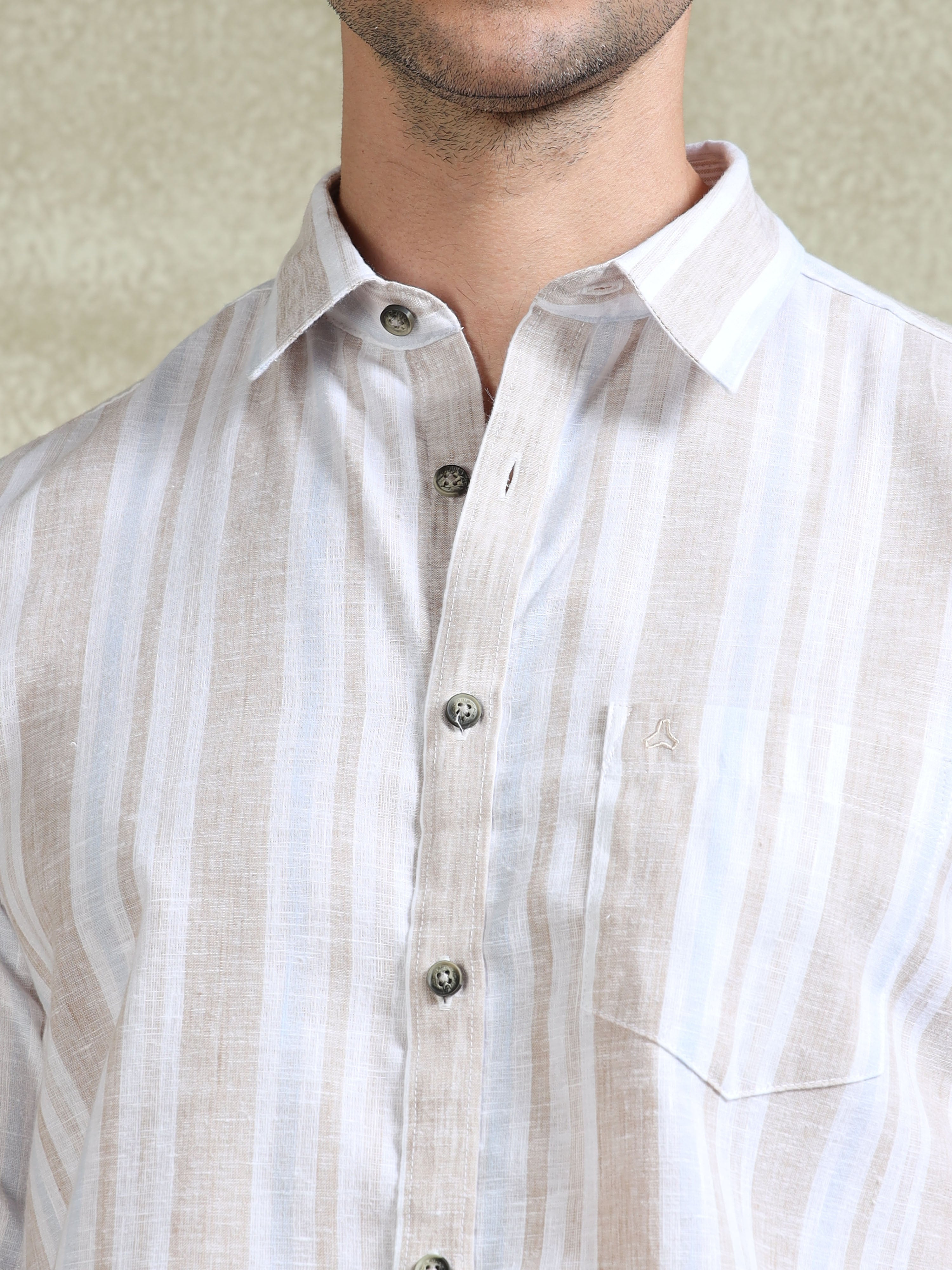 MEN'S DK.BEIGE STRIPE SLIM FIT SHIRT