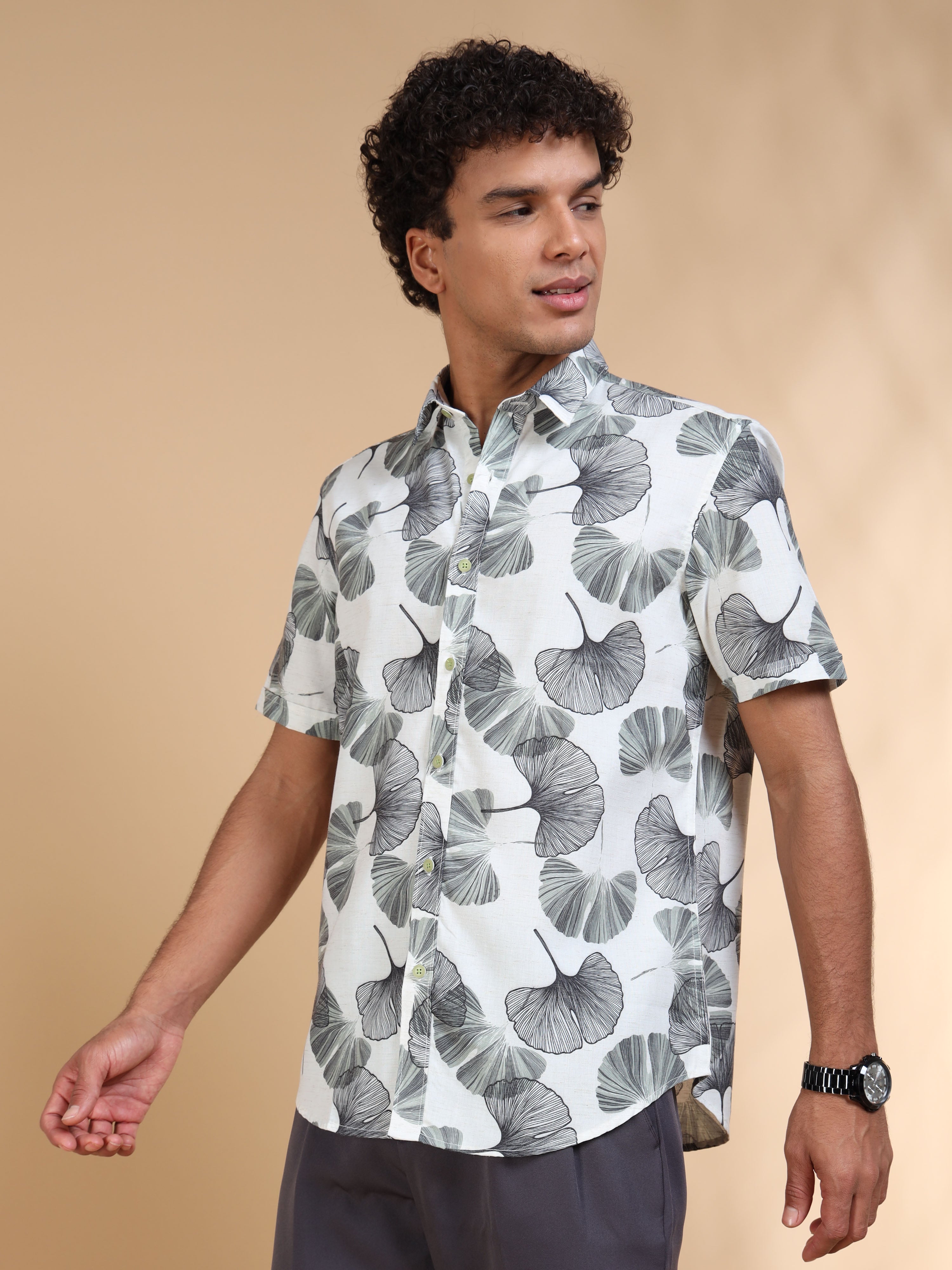 MEN'S GREEN PRINT SLIM FIT SHIRT