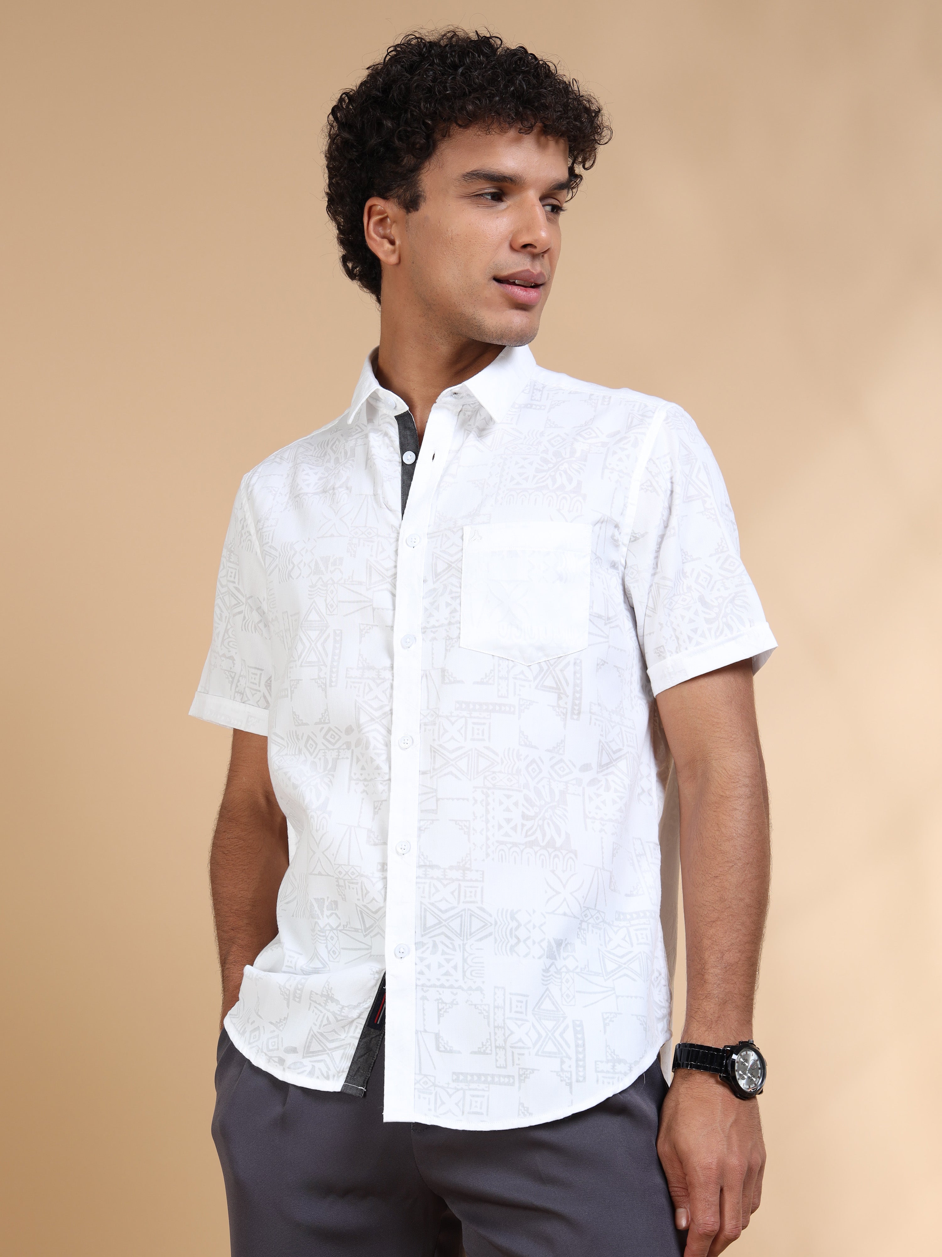 MEN'S WHITE SELF DESIGN SLIM FIT SHIRT