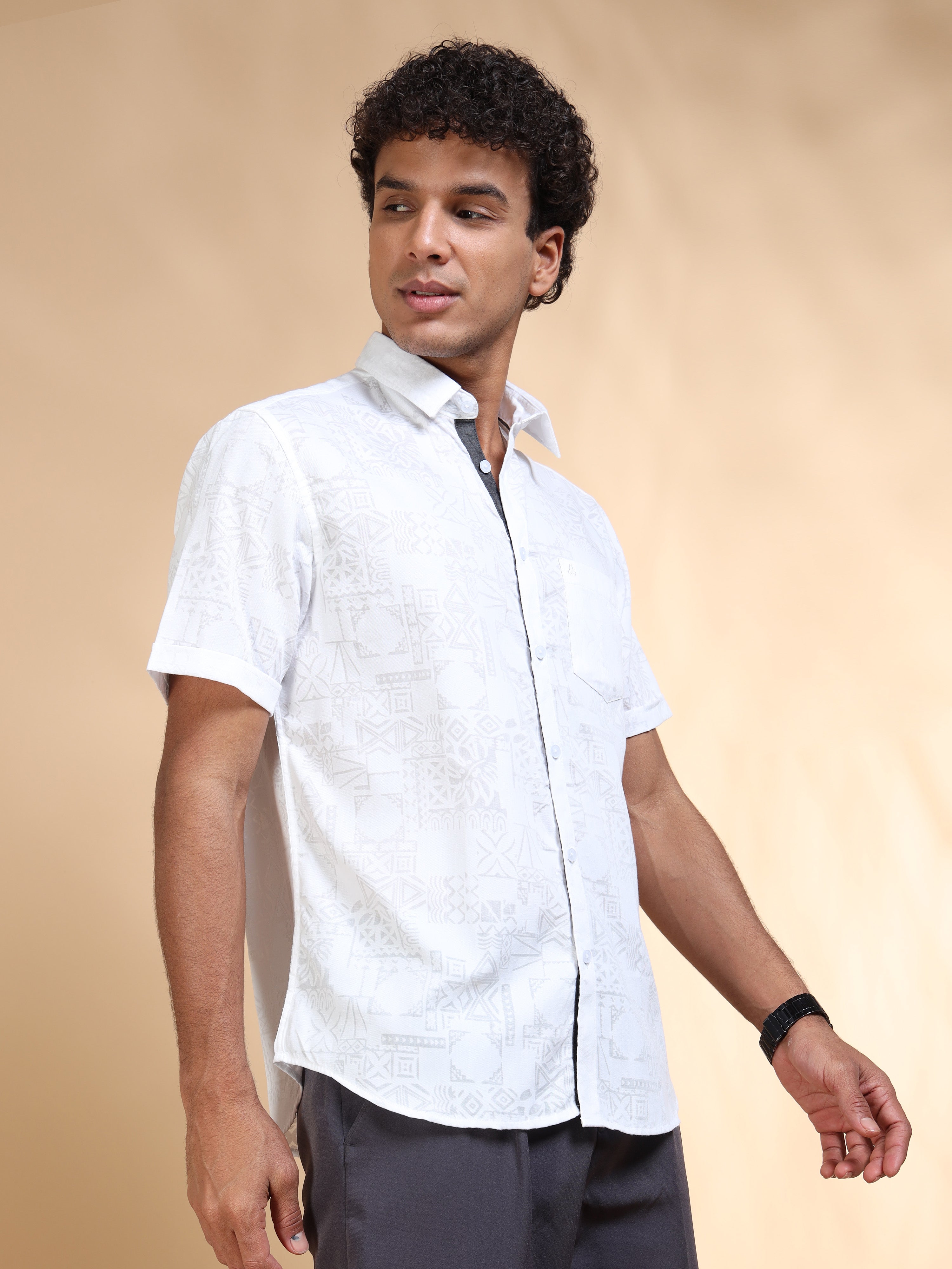 MEN'S WHITE SELF DESIGN SLIM FIT SHIRT