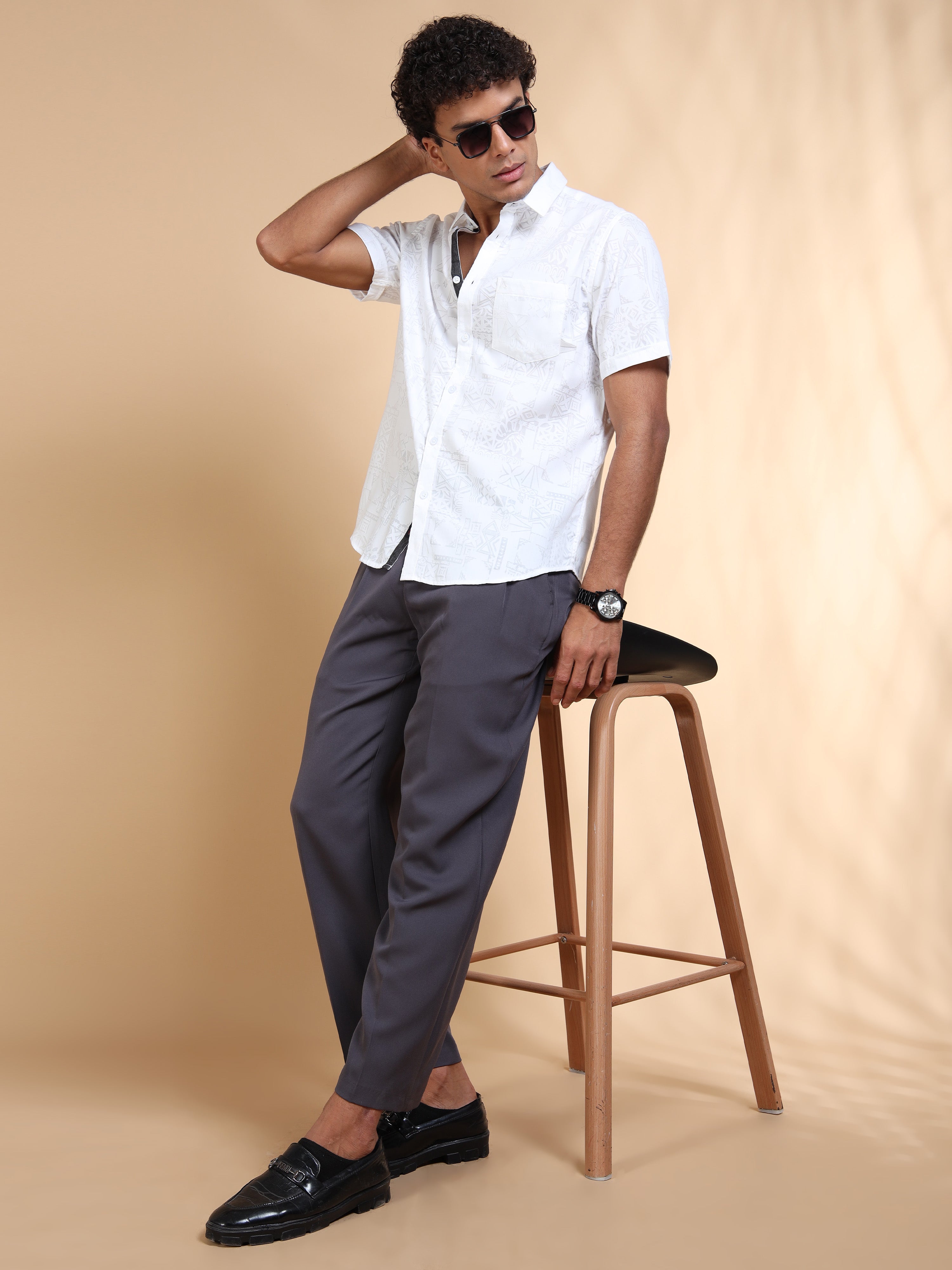 MEN'S WHITE SELF DESIGN SLIM FIT SHIRT