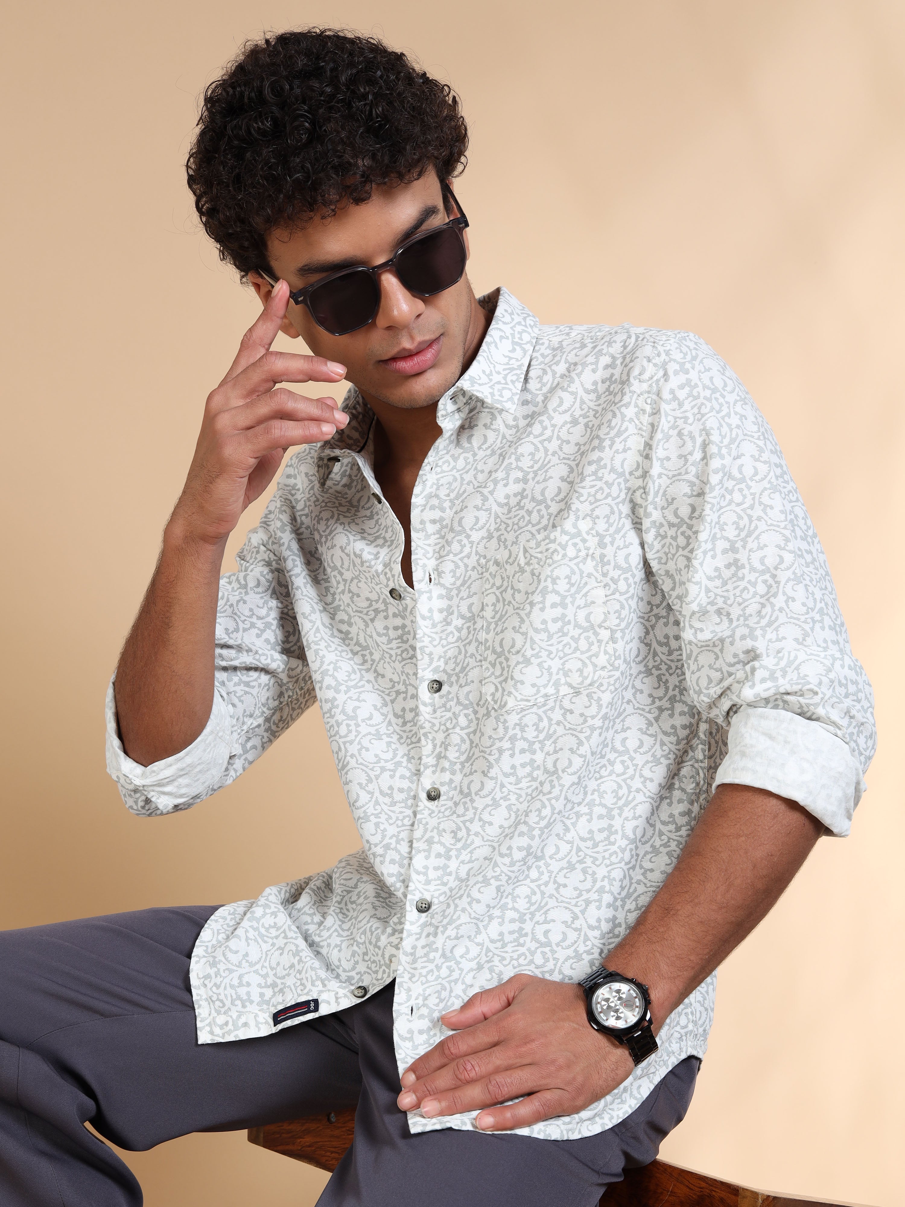 MEN'S LT.GREY PRINT SLIM FIT SHIRT