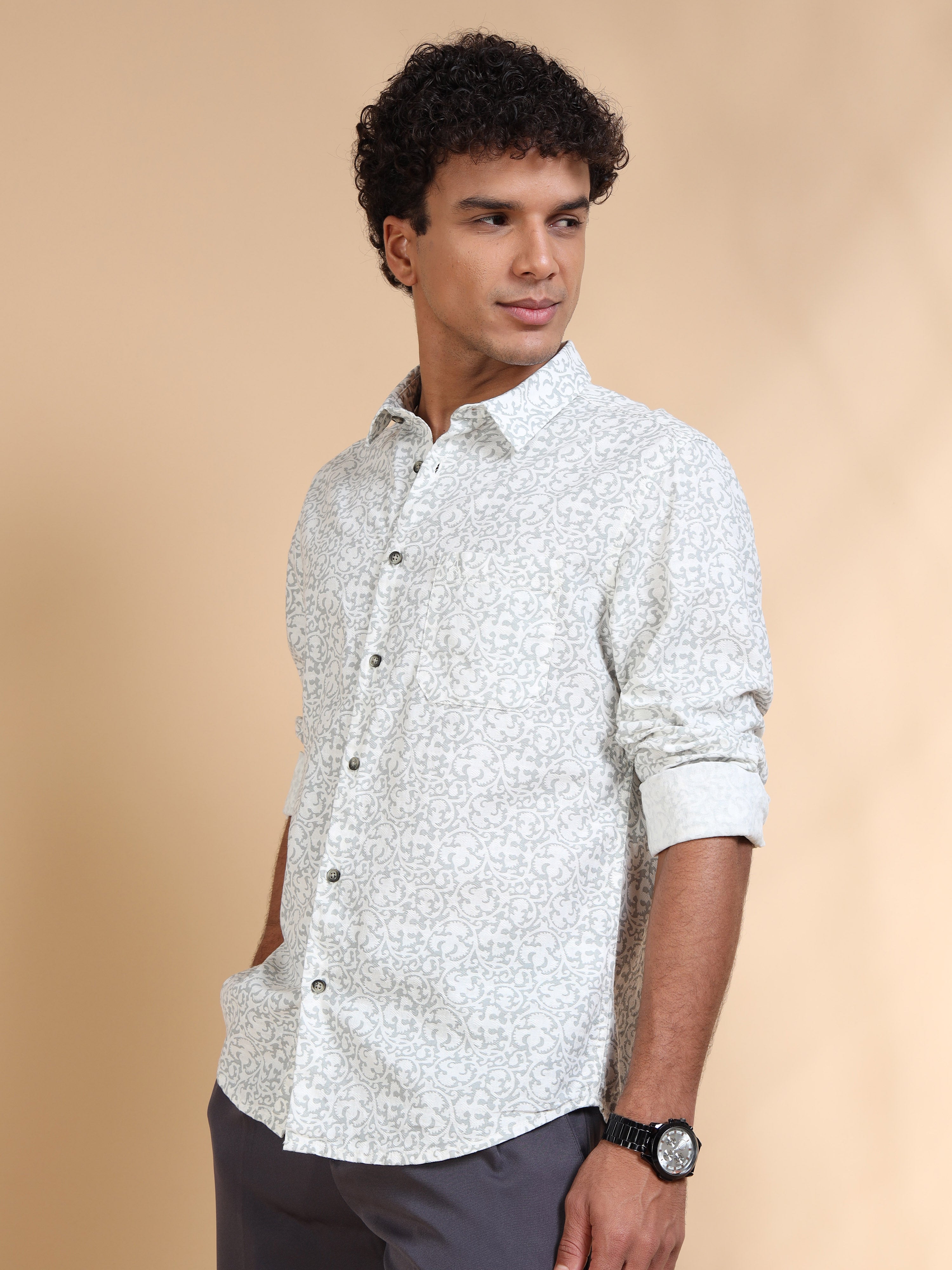 MEN'S LT.GREY PRINT SLIM FIT SHIRT