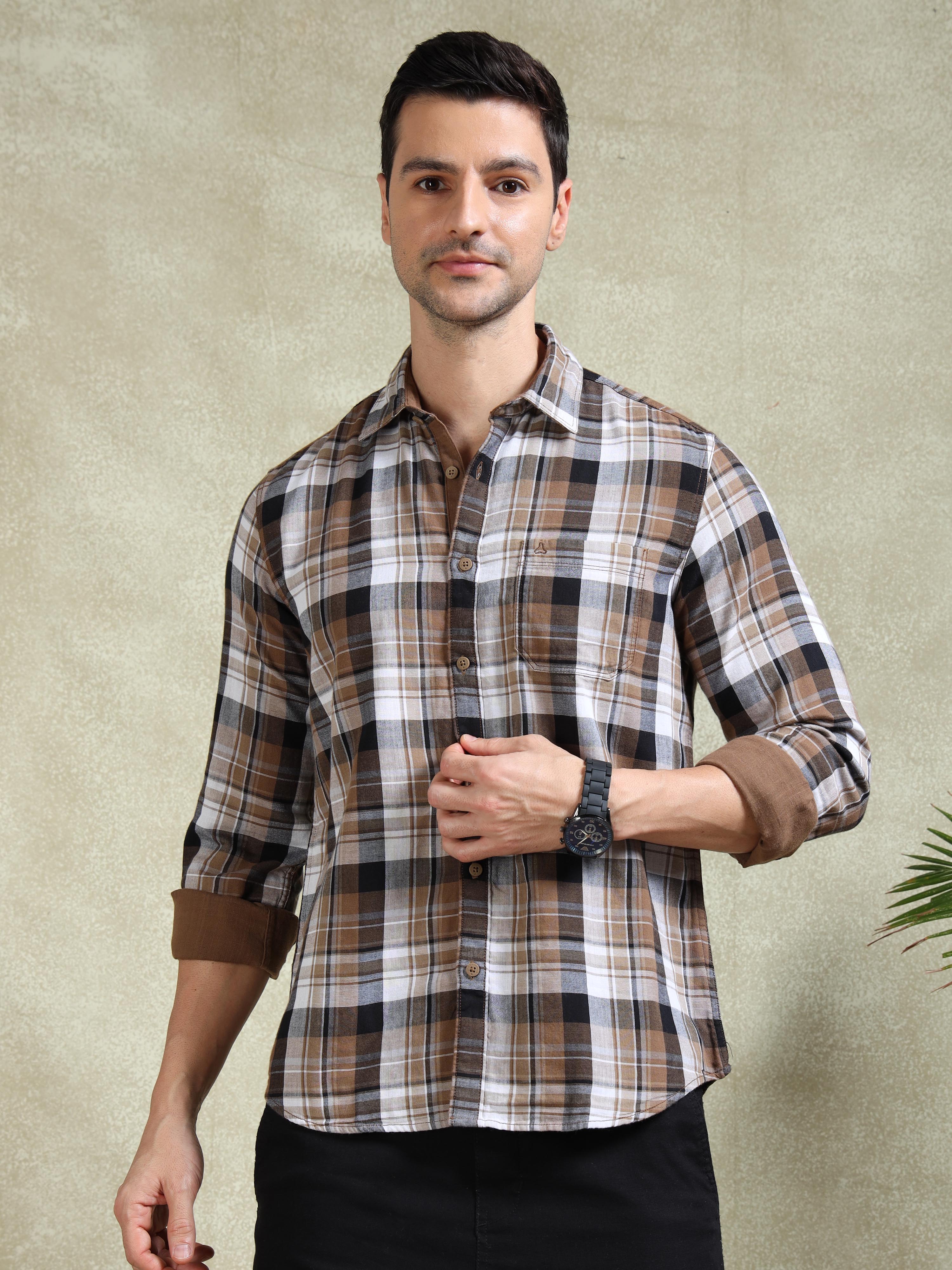MEN'S DK.BEIGE CHECKS SLIM FIT SHIRT