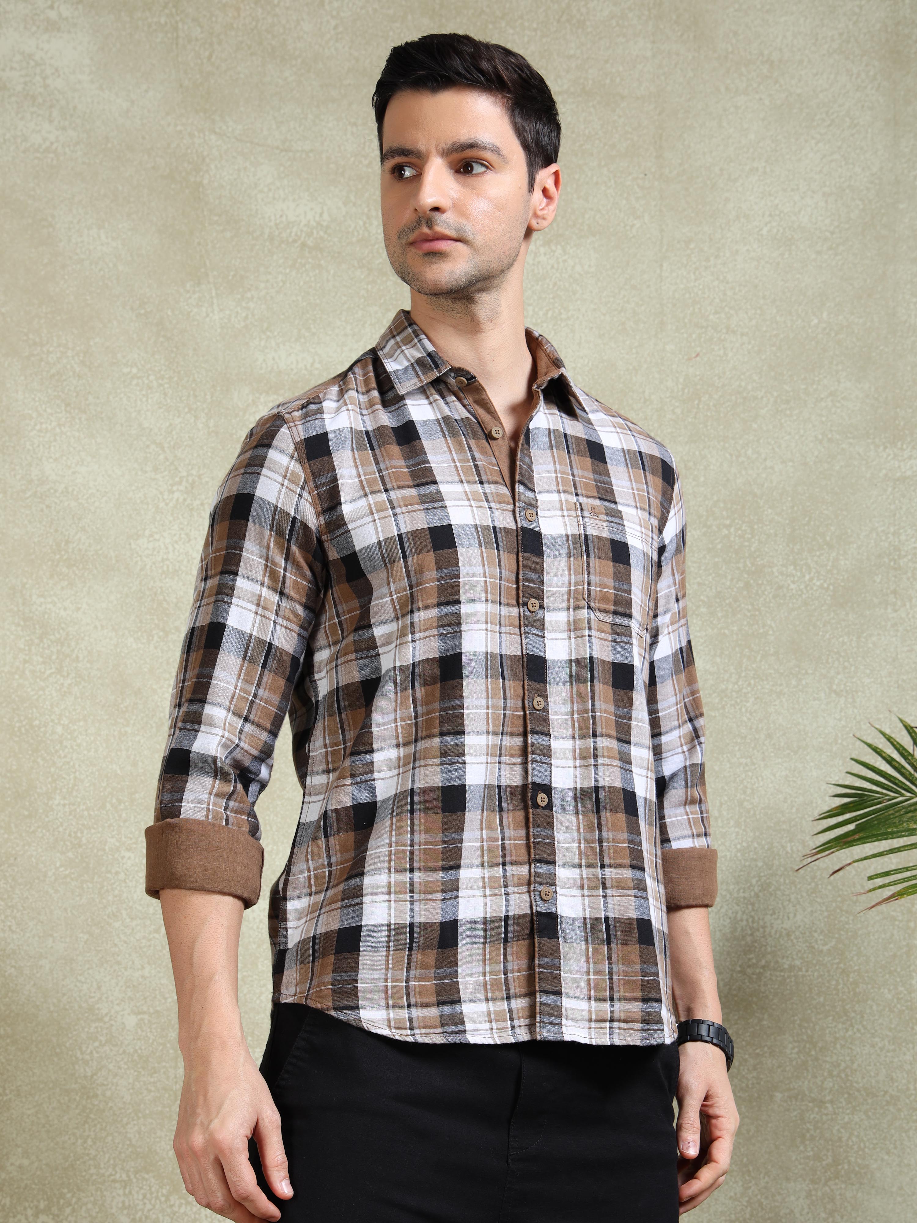 MEN'S DK.BEIGE CHECKS SLIM FIT SHIRT
