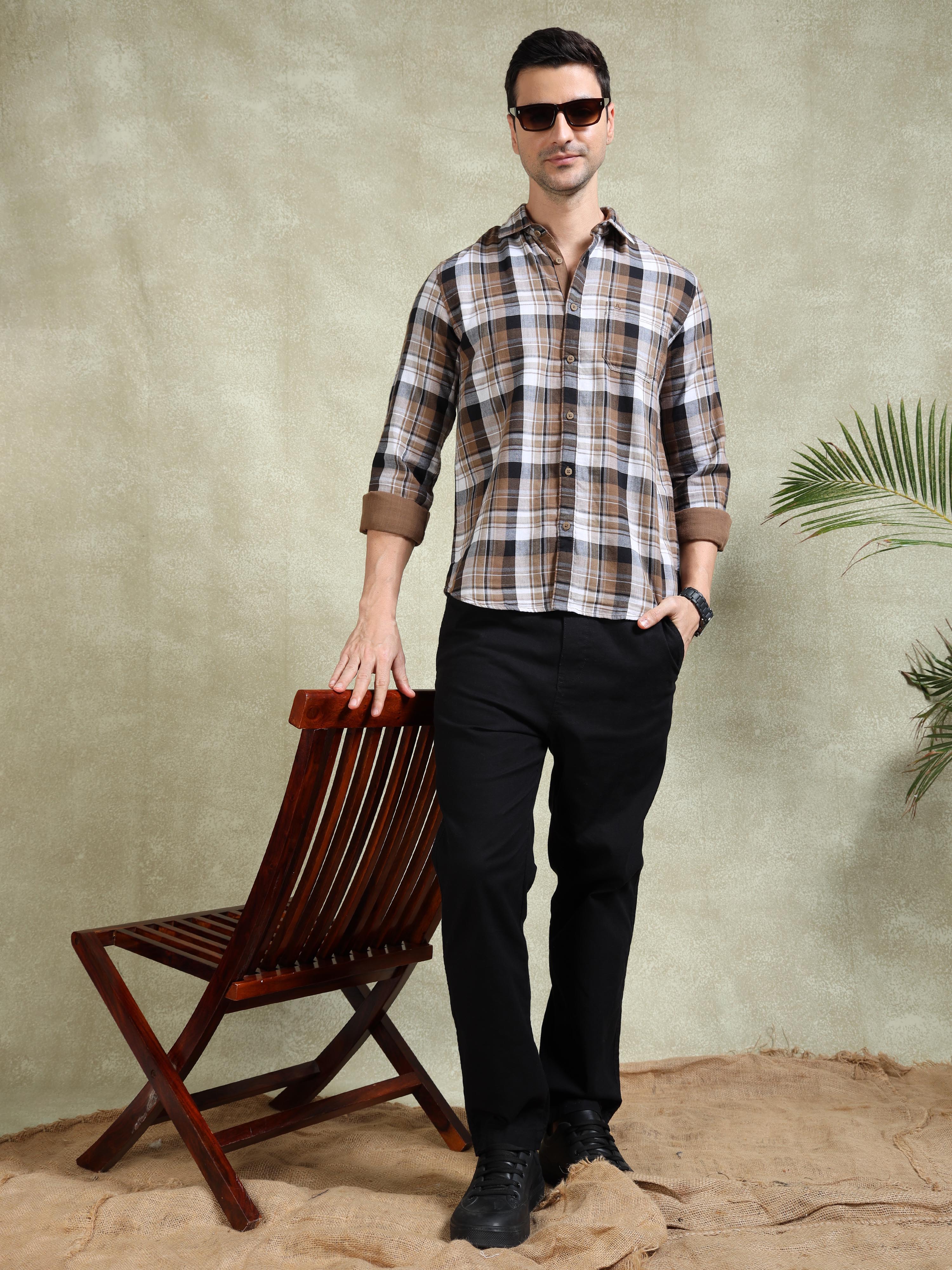 MEN'S DK.BEIGE CHECKS SLIM FIT SHIRT