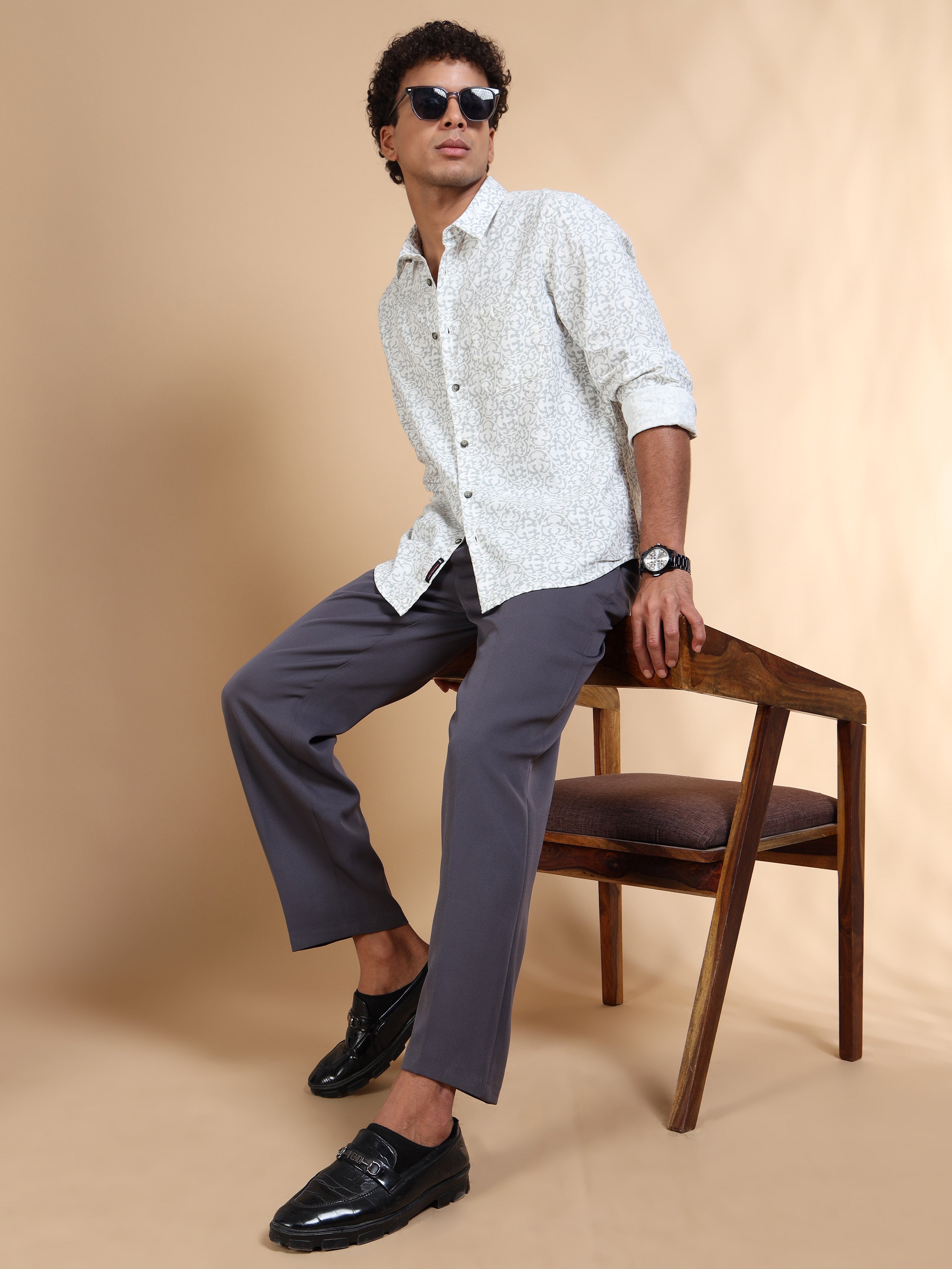 MEN'S LT.GREY PRINT SLIM FIT SHIRT