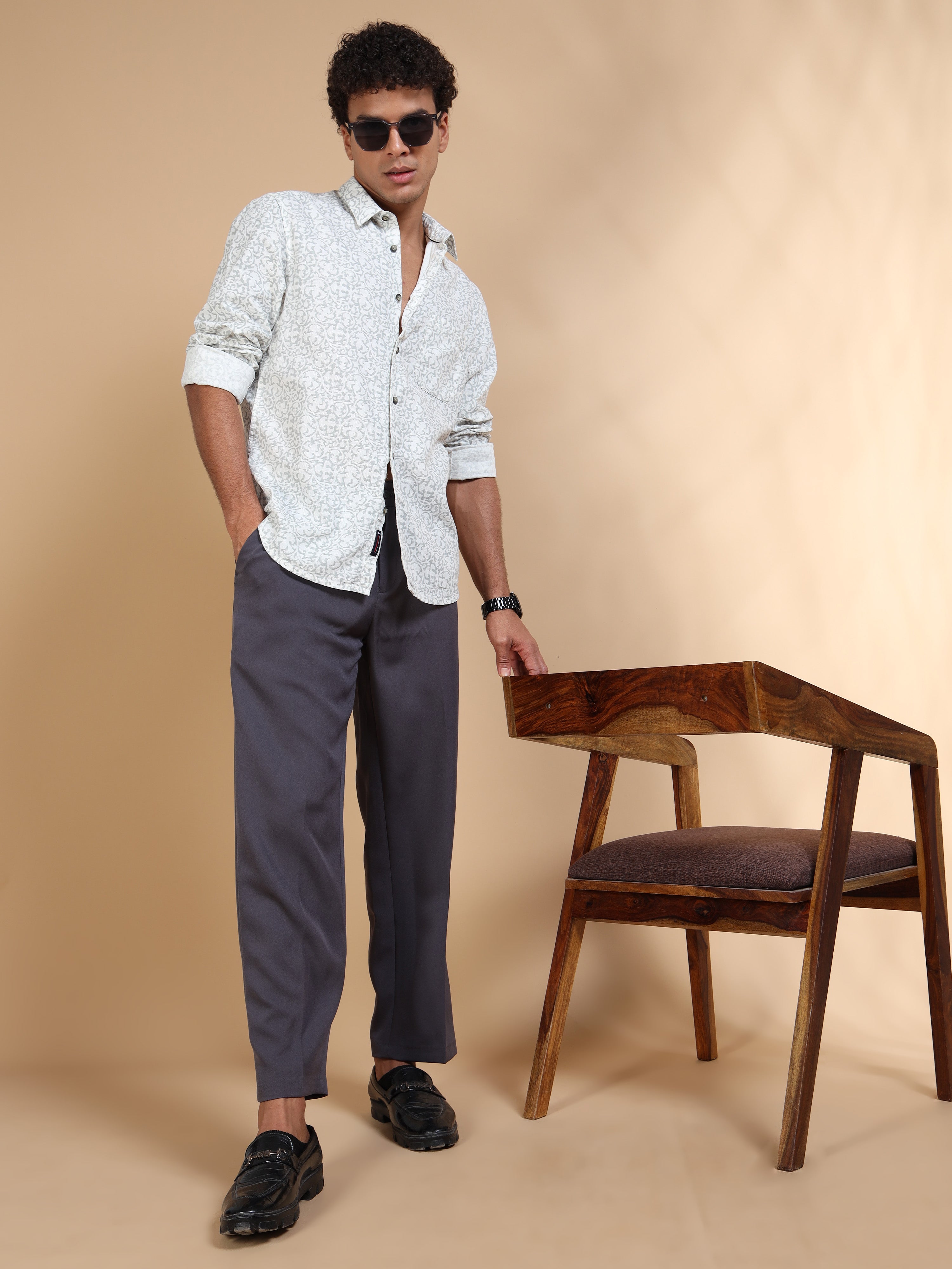 MEN'S LT.GREY PRINT SLIM FIT SHIRT